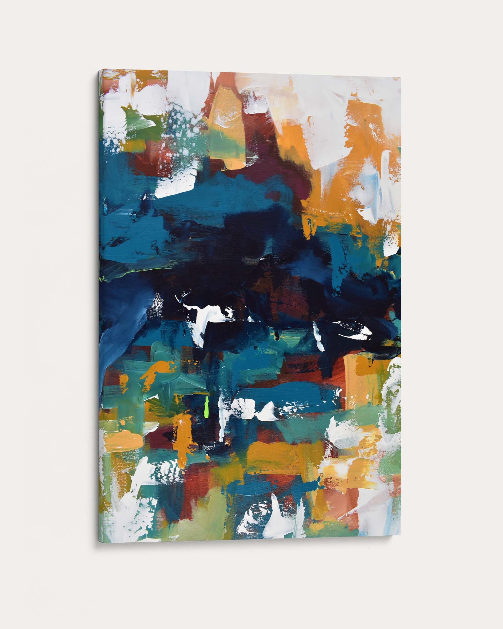 Abstract painting with a mix of blue, orange, green, and white on a white background