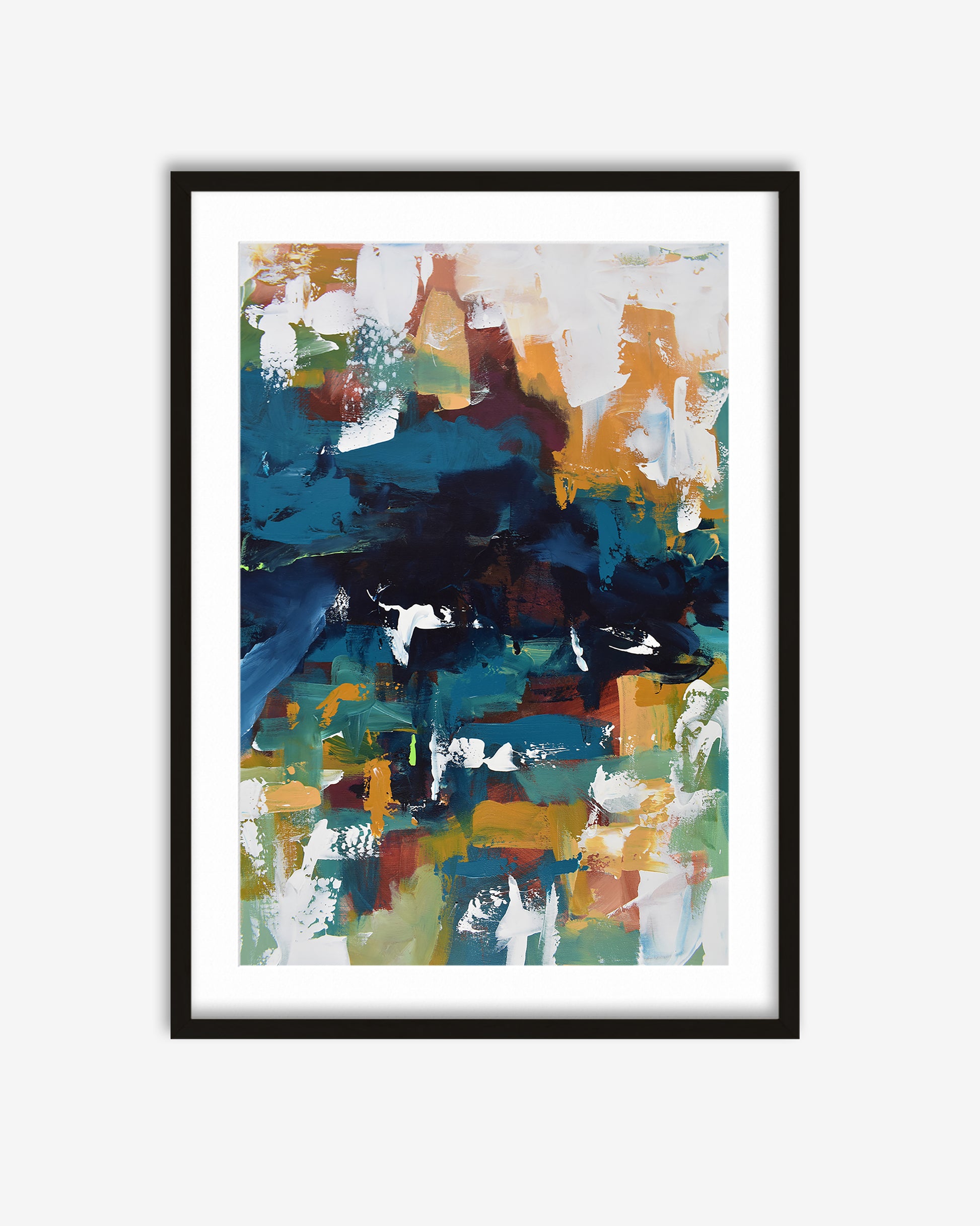 Framed abstract art print with colorful brush strokes on a white background