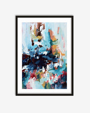 Framed abstract art print with colorful brush strokes on a white background