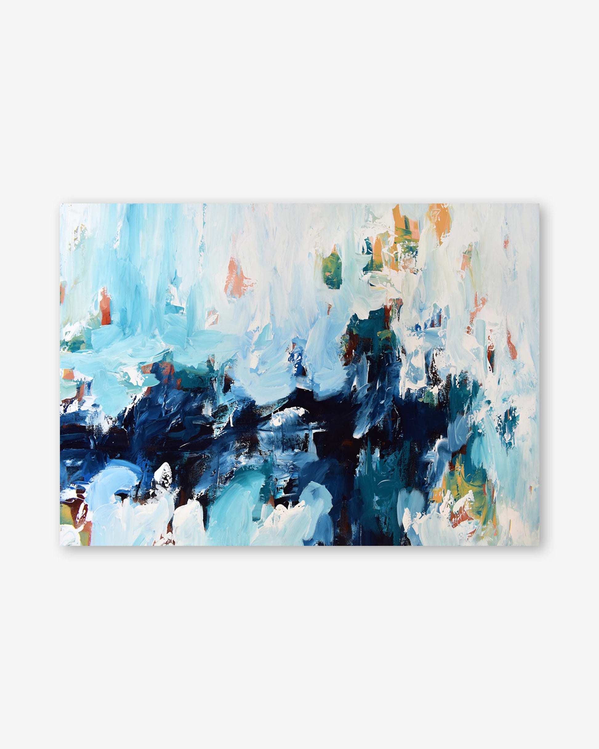 Abstract painting with blue, white, and multicolor strokes on a white background