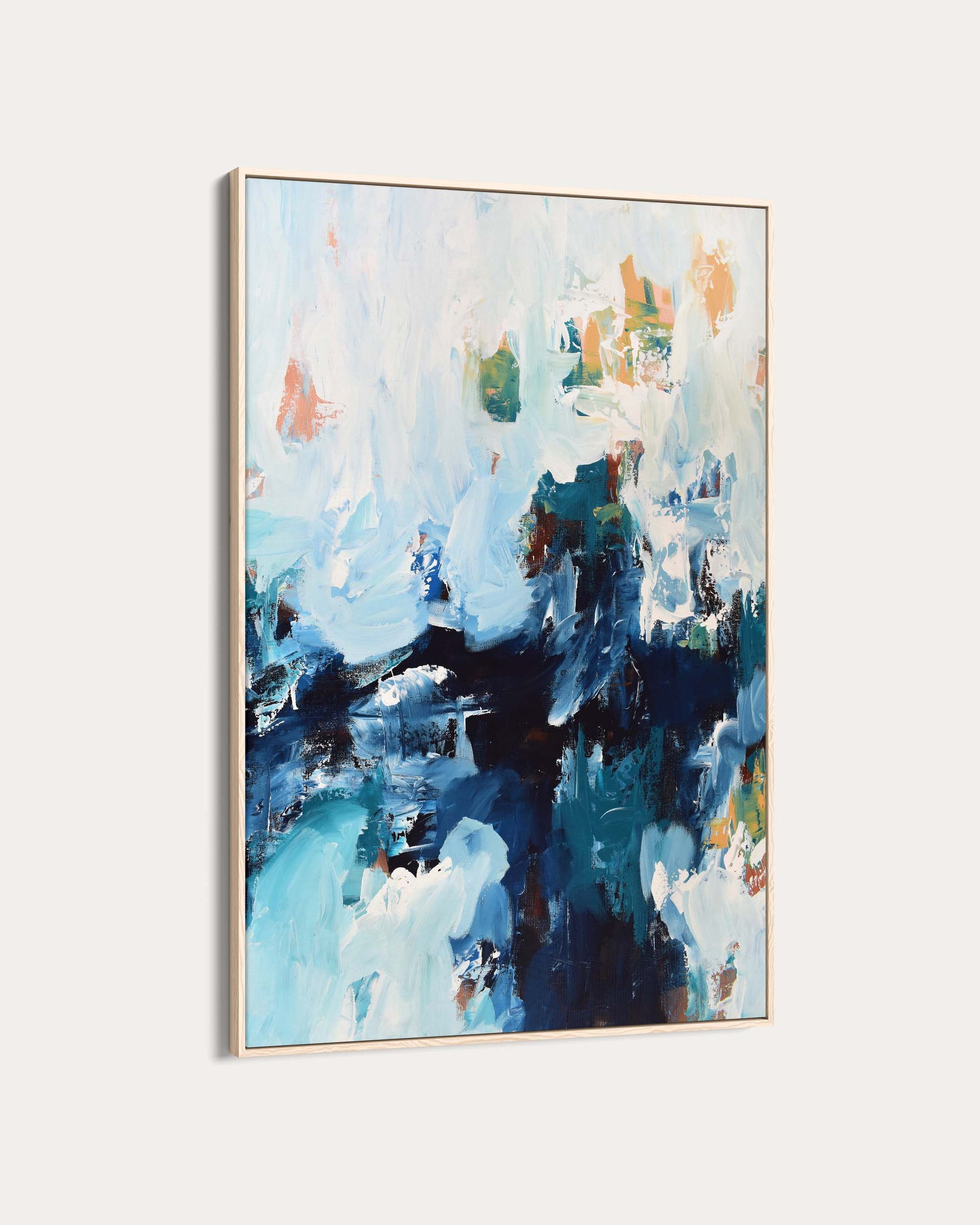 Abstract painting with blue and white tones on a light gray background