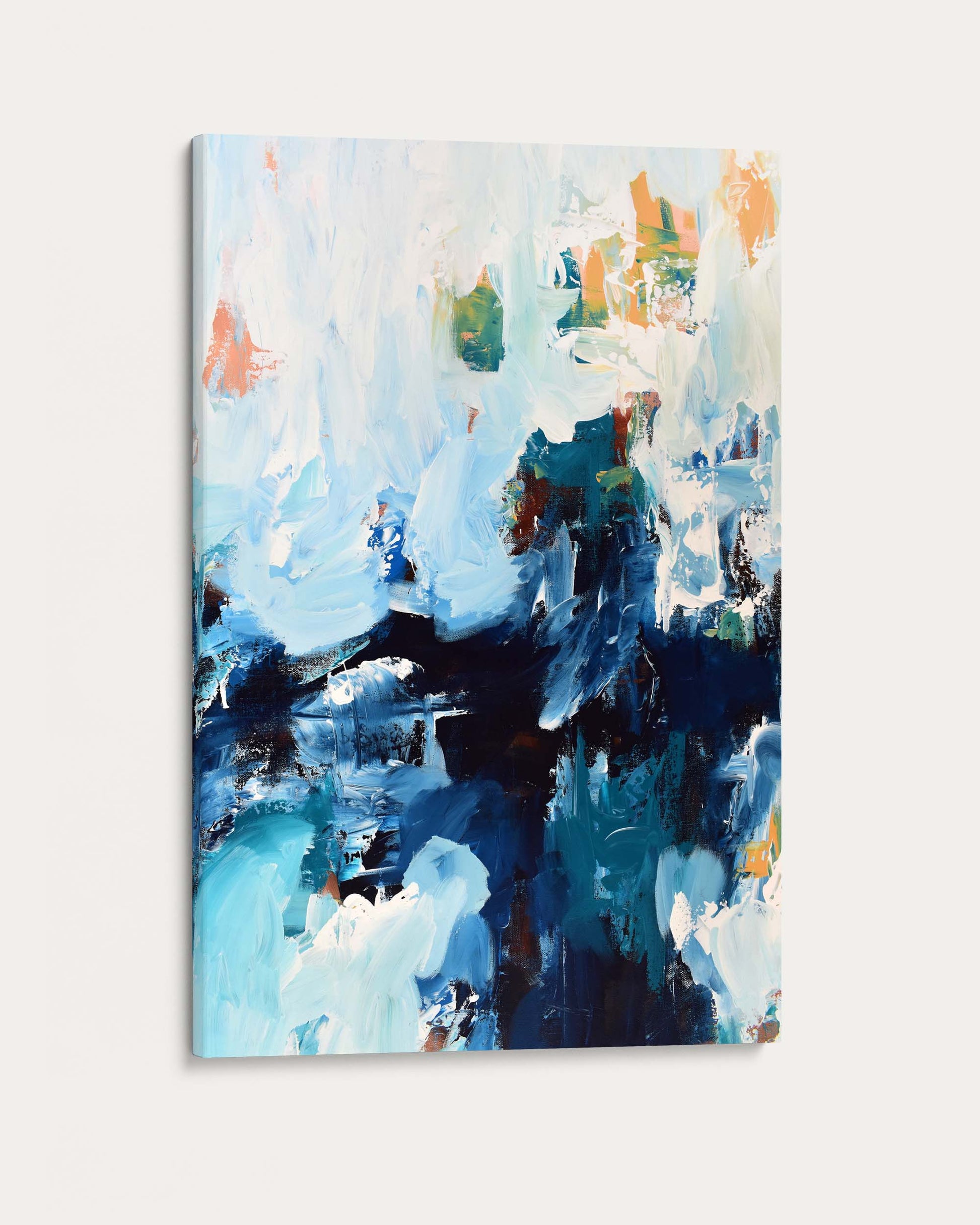 Abstract painting with blue, green, and orange colors on a white background