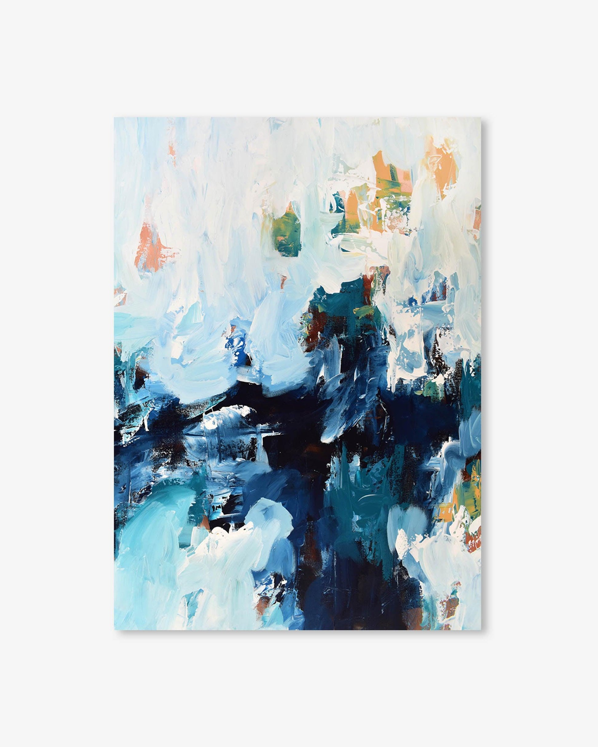 Abstract art print with blue, white, and orange colors on a white background