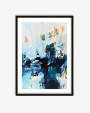 Framed abstract art print with blue and white colors on a light gray background