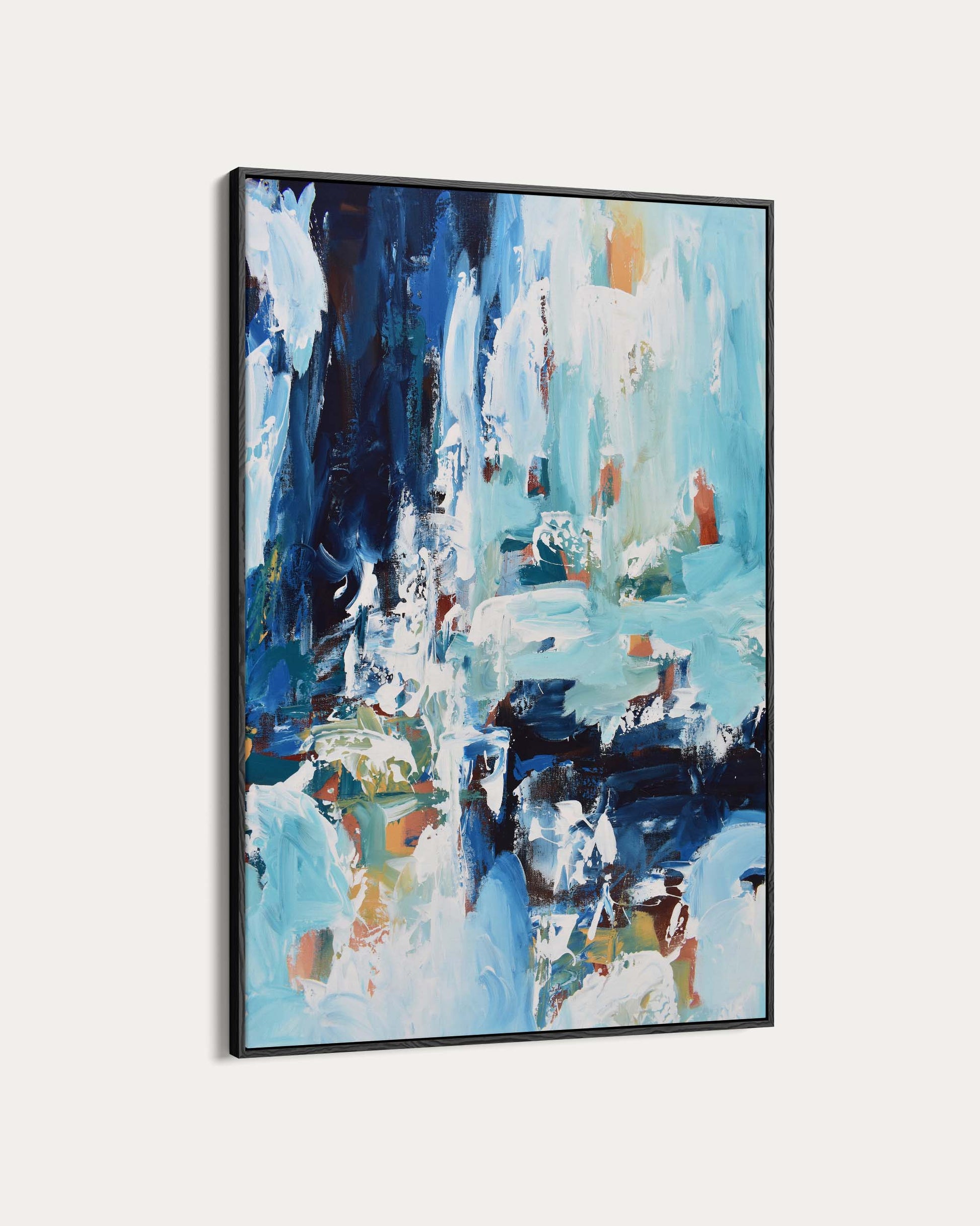 Abstract painting with blue, white, and multicolor strokes on a light gray background