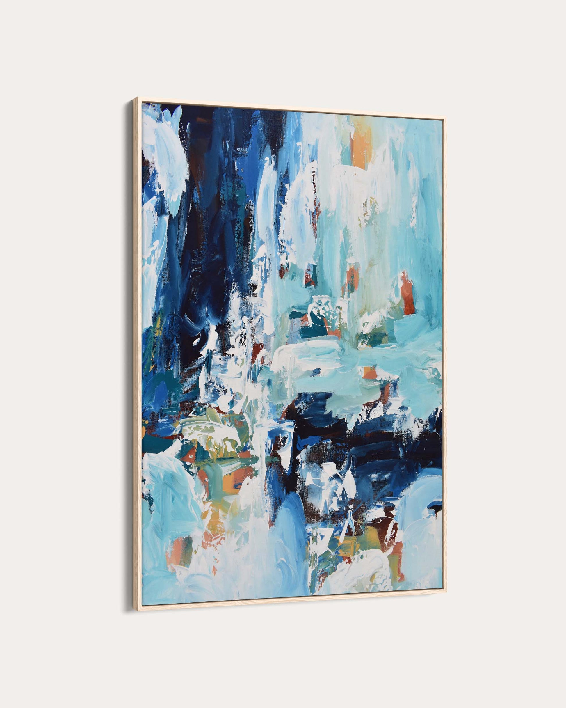 Abstract painting with blue, white, and multicolor brushstrokes on a light gray background