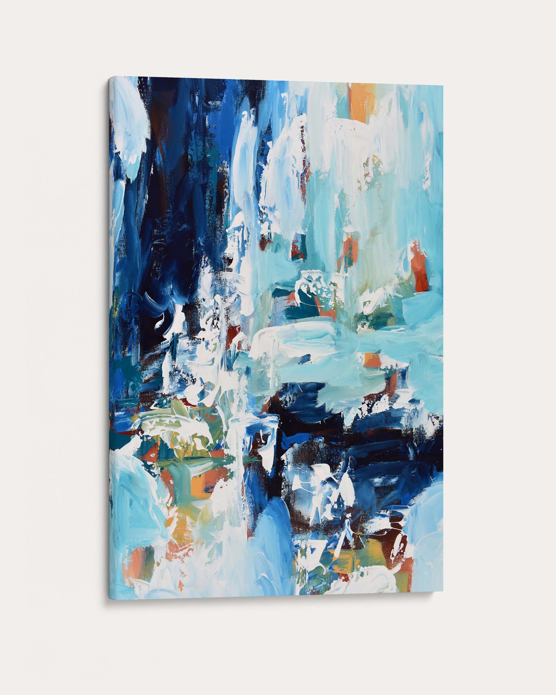 Abstract painting with blue, white, and multicolor strokes on a light gray background