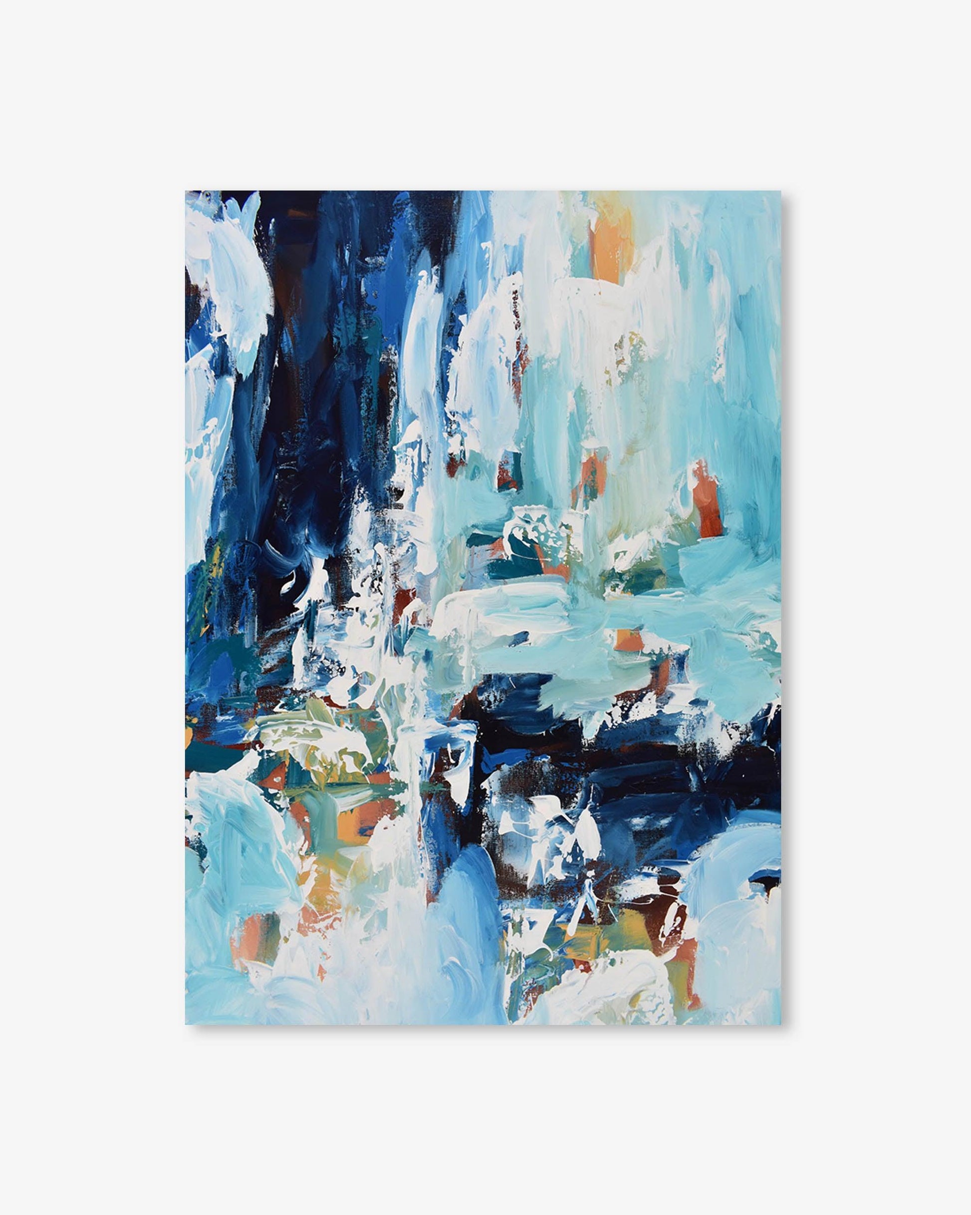 Abstract painting with blue, white, and orange colors on a white background