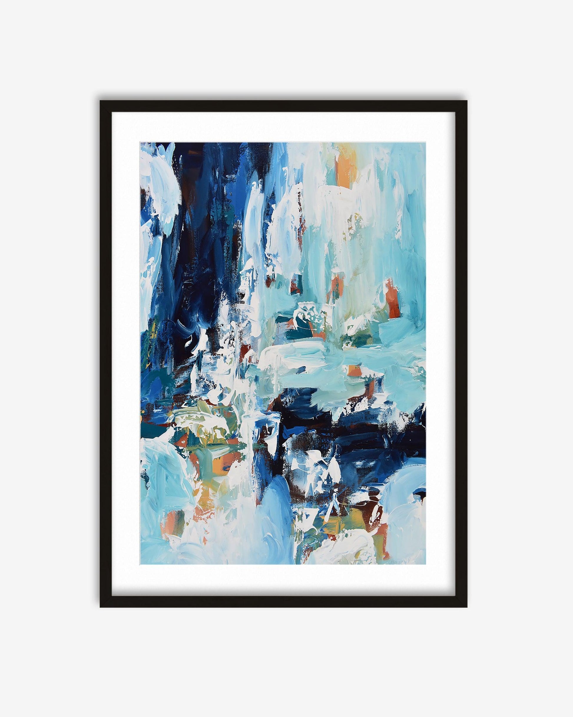 Framed abstract painting with blue and multicolor tones on a white background