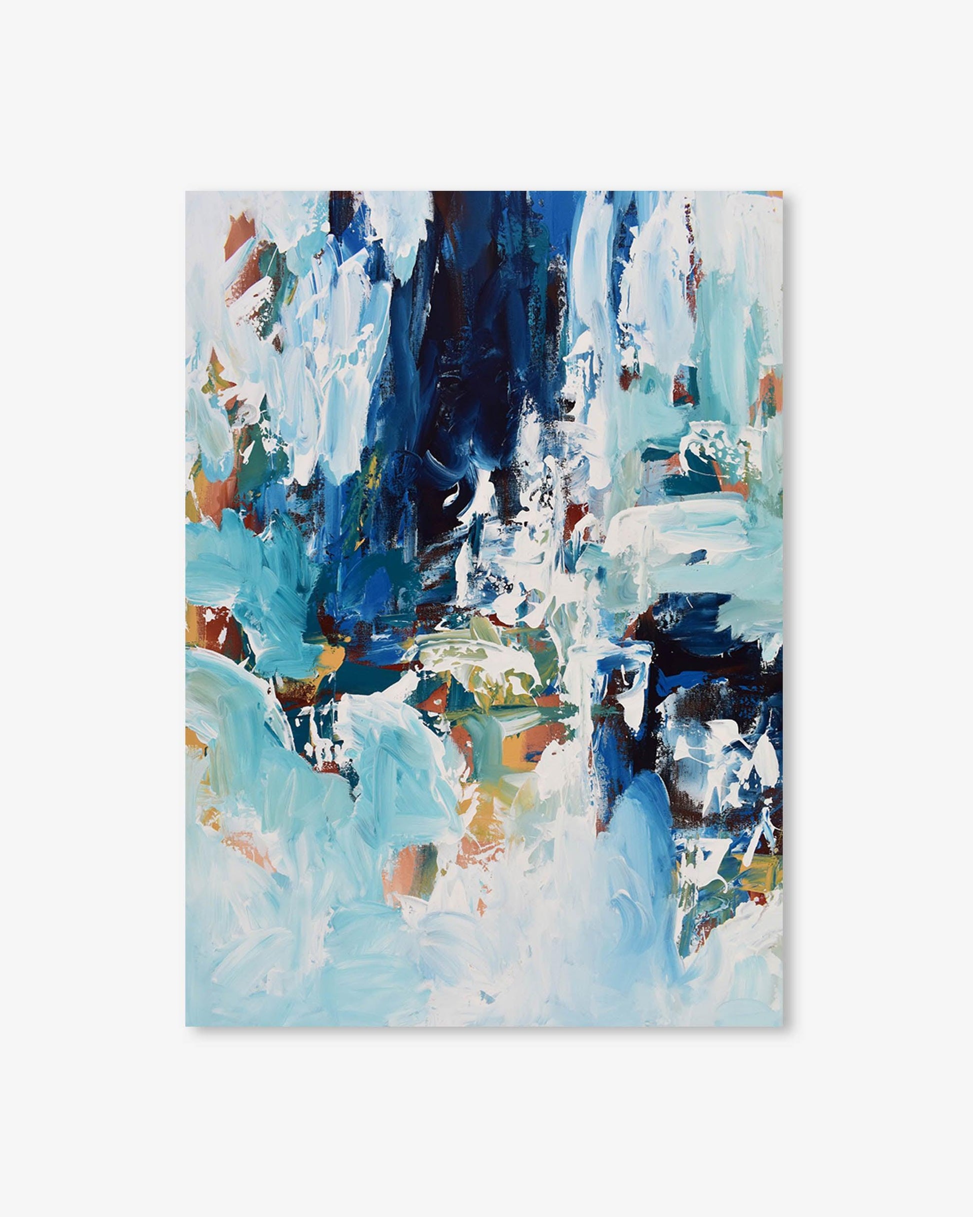 Abstract painting with blue, white, and brown colors on a white background