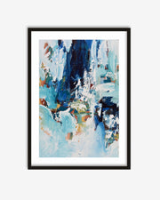 Framed abstract art print with blue and white colors on a light gray background