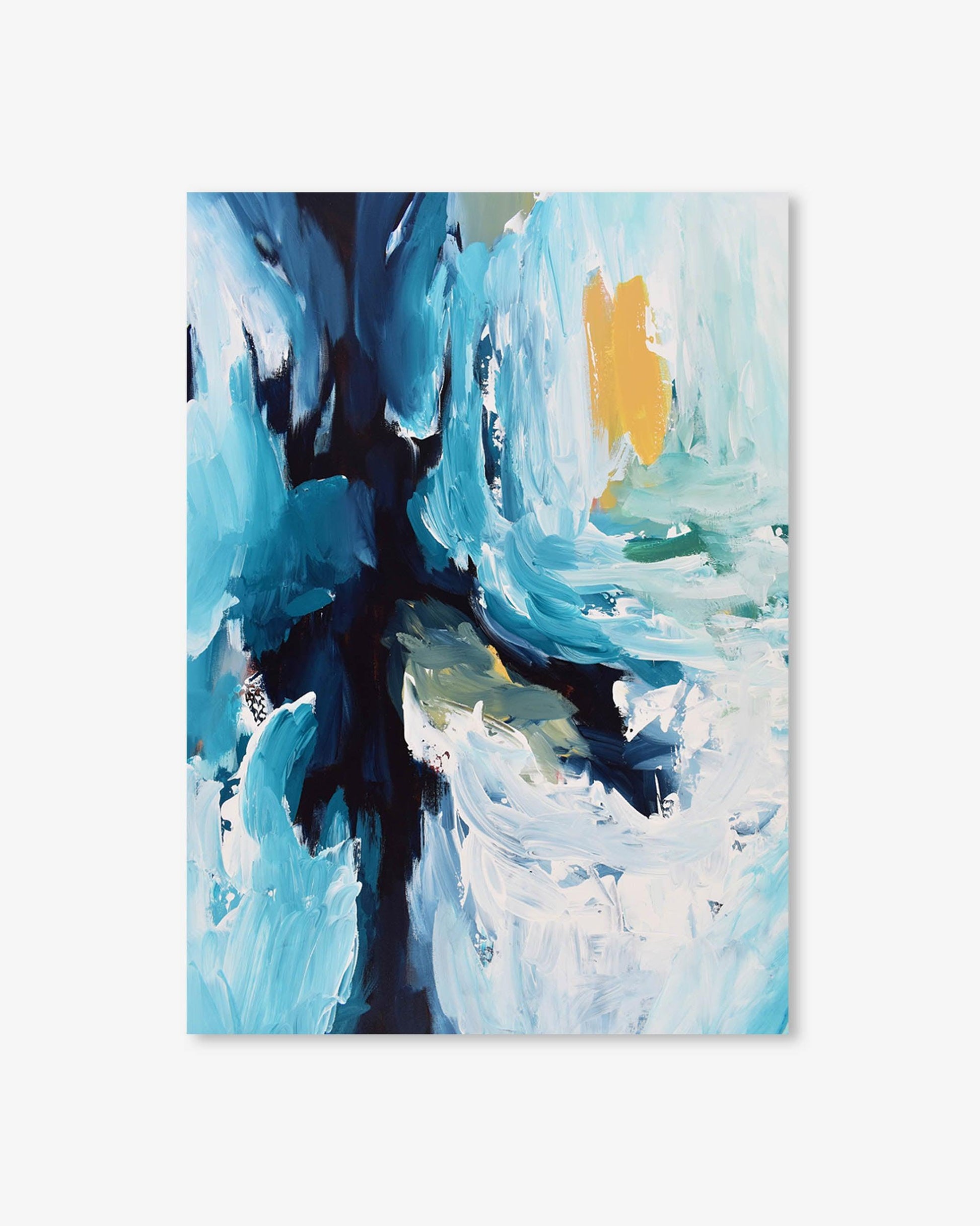 Abstract painting with blue, white, and yellow colors on a light gray background