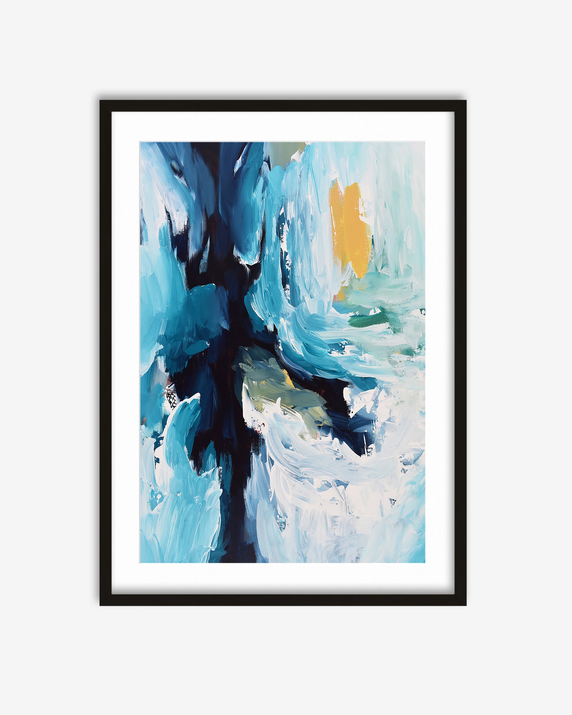 Framed abstract art print with blue and yellow colors on a white background