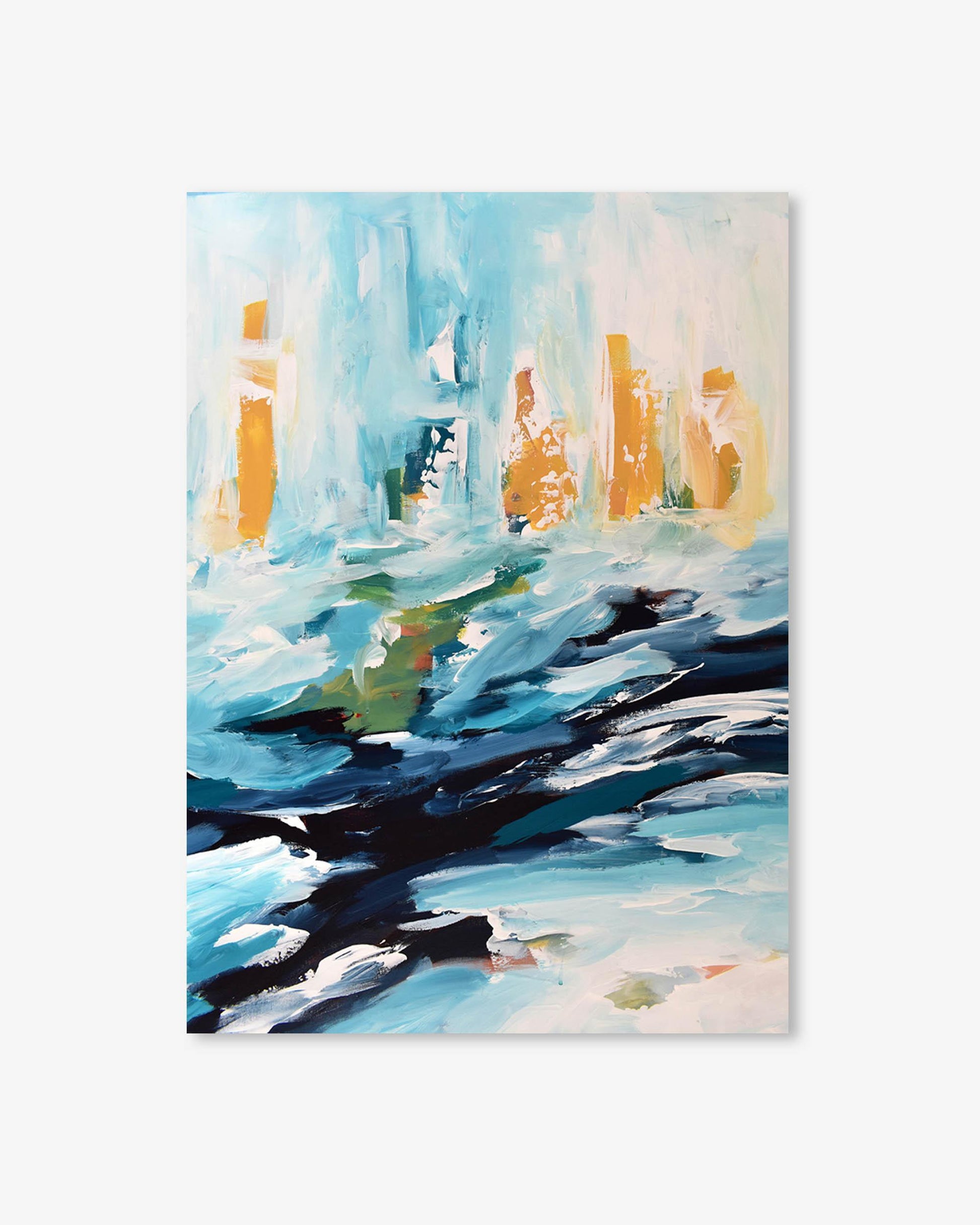 Abstract painting with blue, black, and yellow colors on a white background