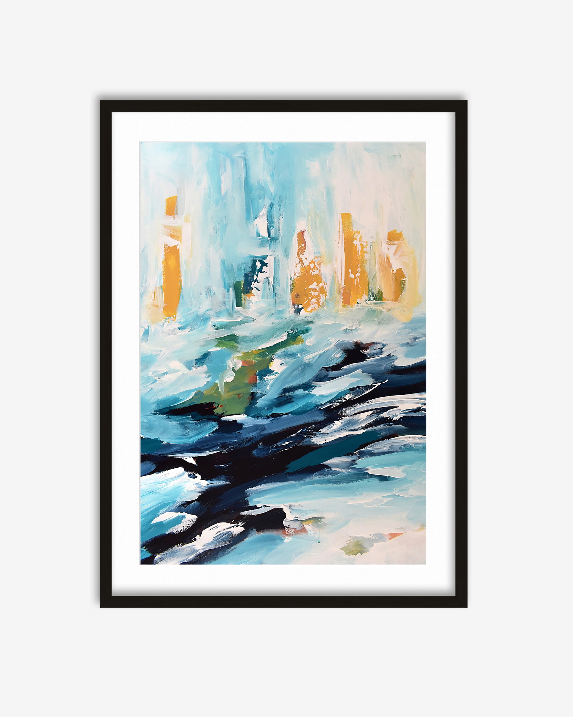 Framed abstract painting with blue, yellow, and black colors on a white background
