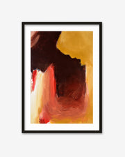 Framed abstract art with warm colors on a white background