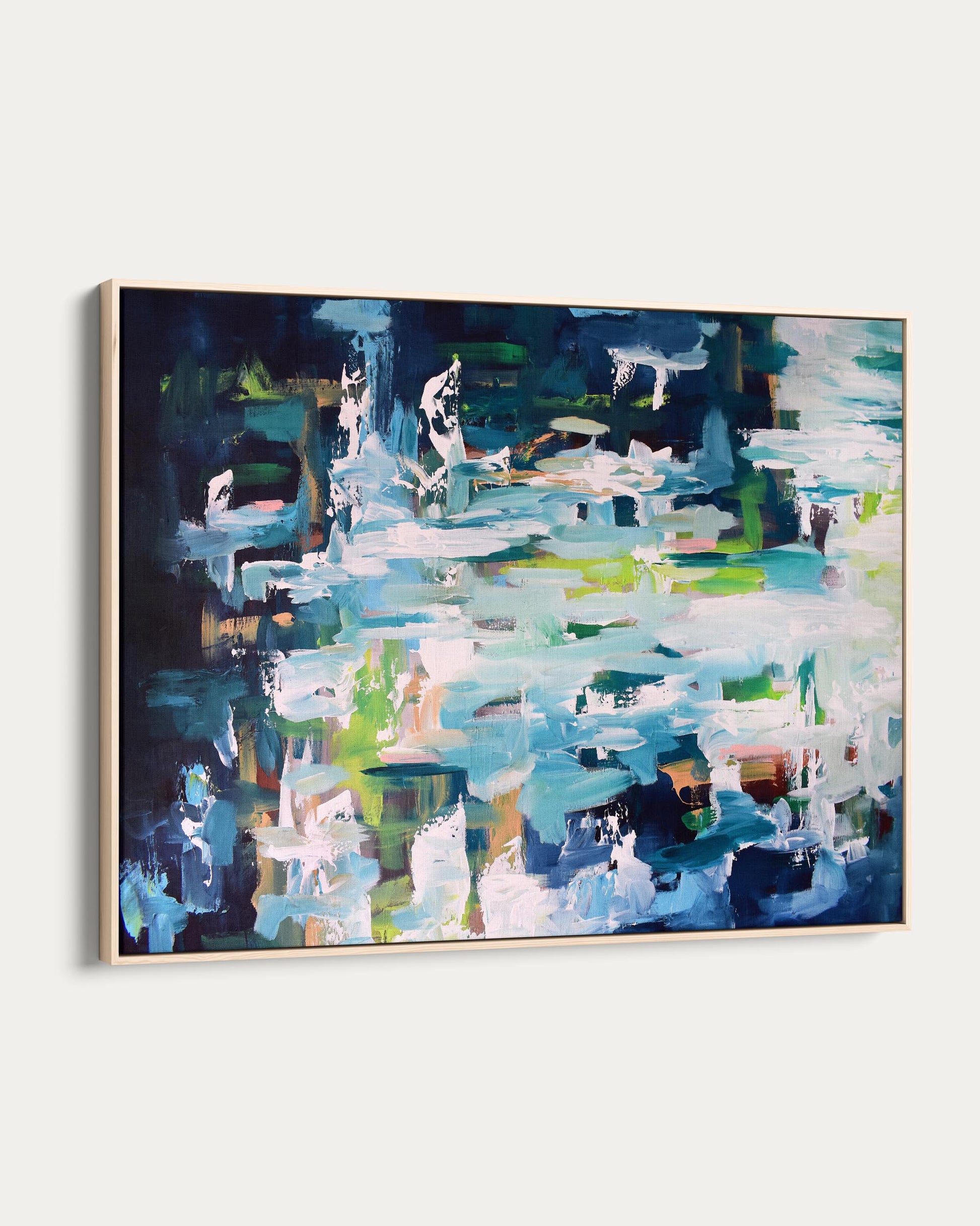 Abstract painting with a focus on blue and green tones.