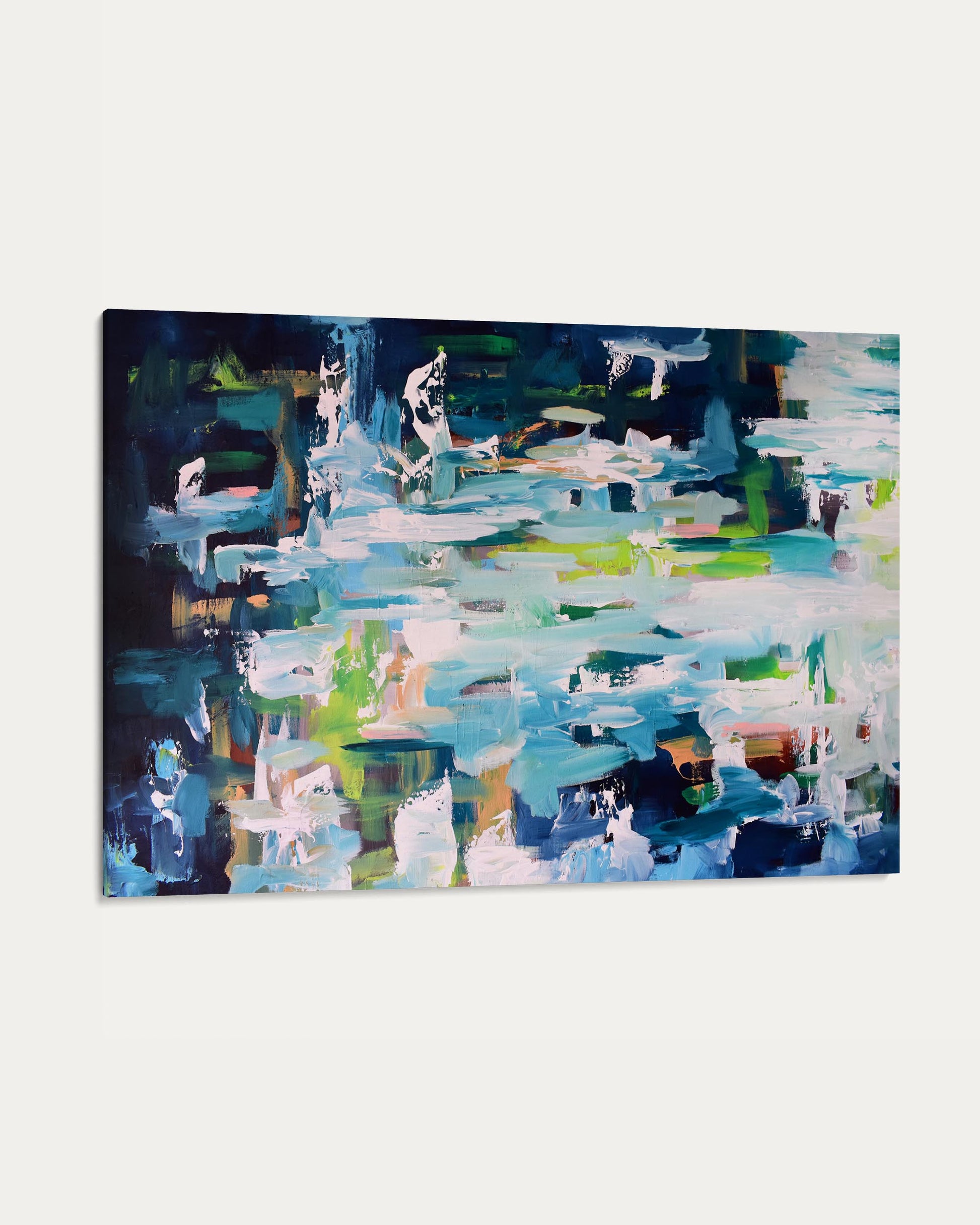 Abstract painting with a mix of blue, green, and white colors on a white background
