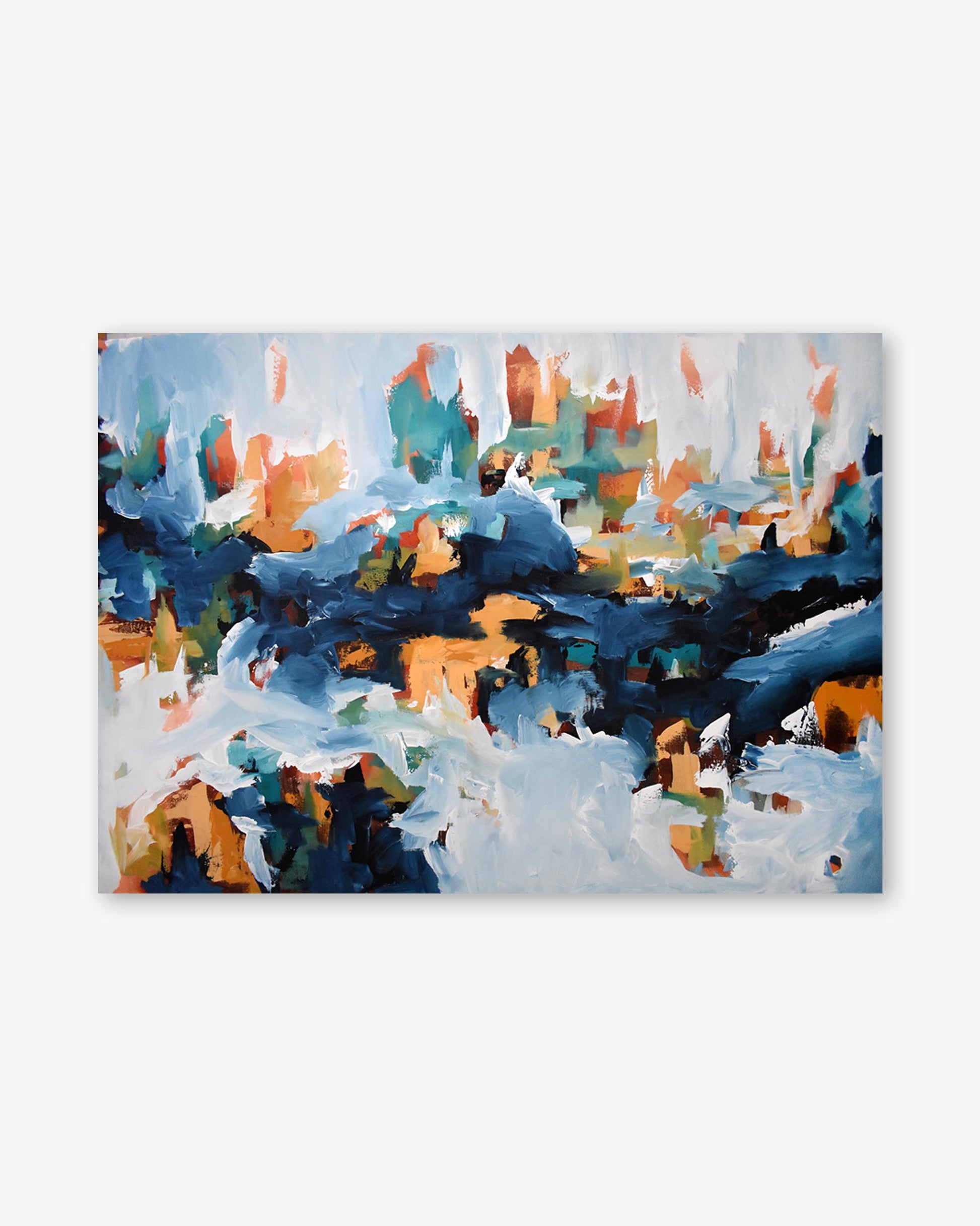 Abstract art print with blue, orange, and white colors on a white background