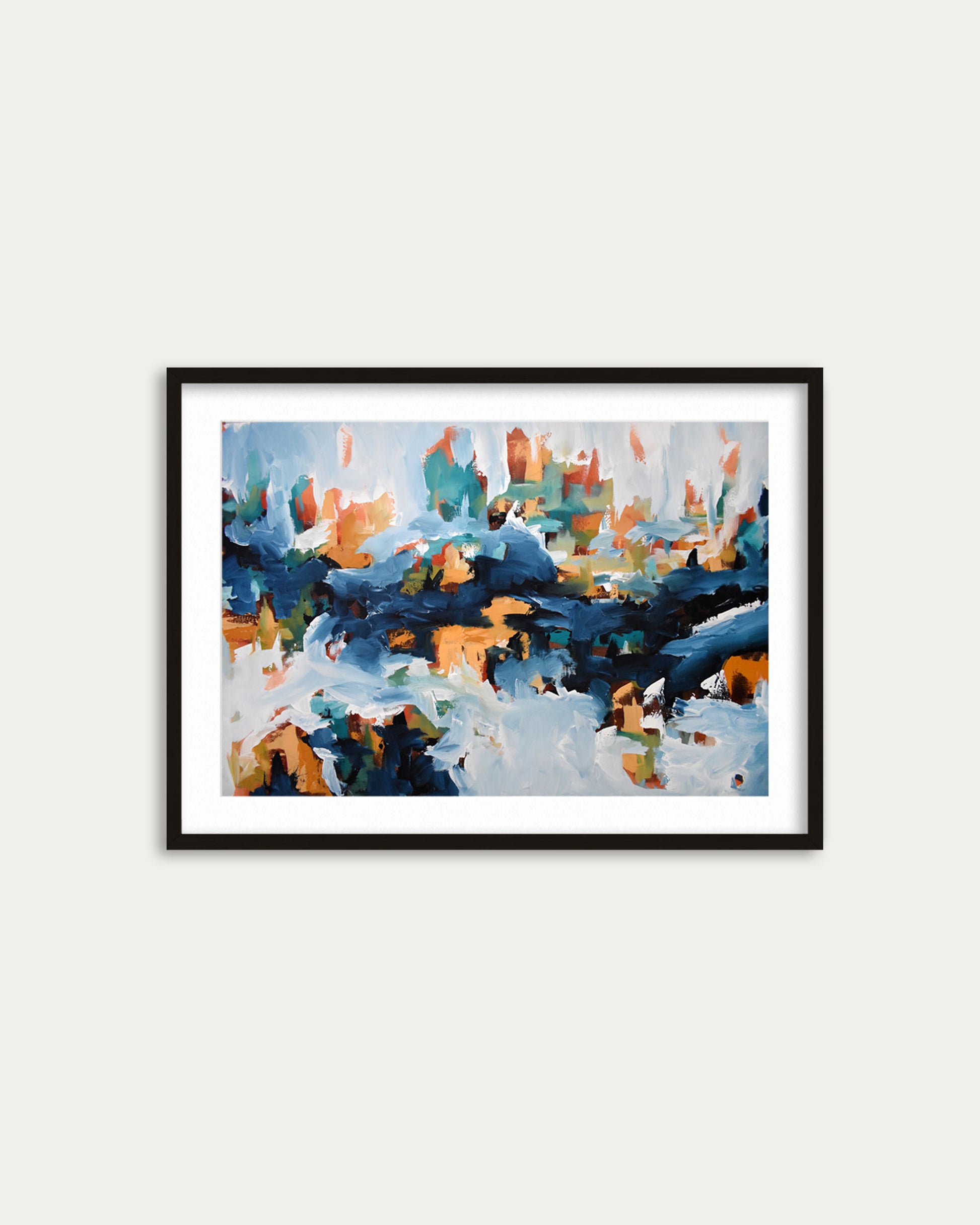 Framed abstract painting with blue, orange, and white colors on a light gray background