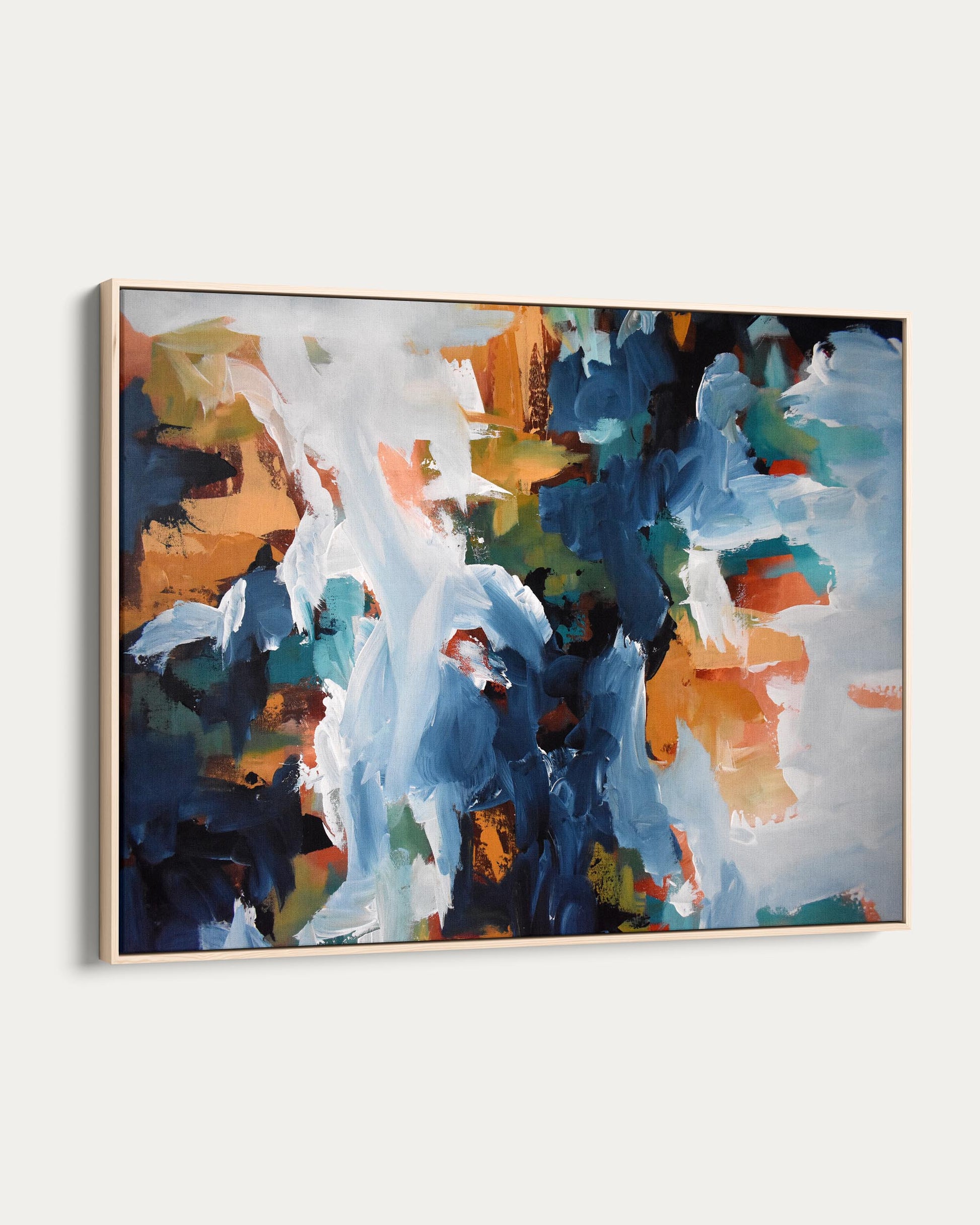 Abstract painting with blue, orange, and white colors on a white background