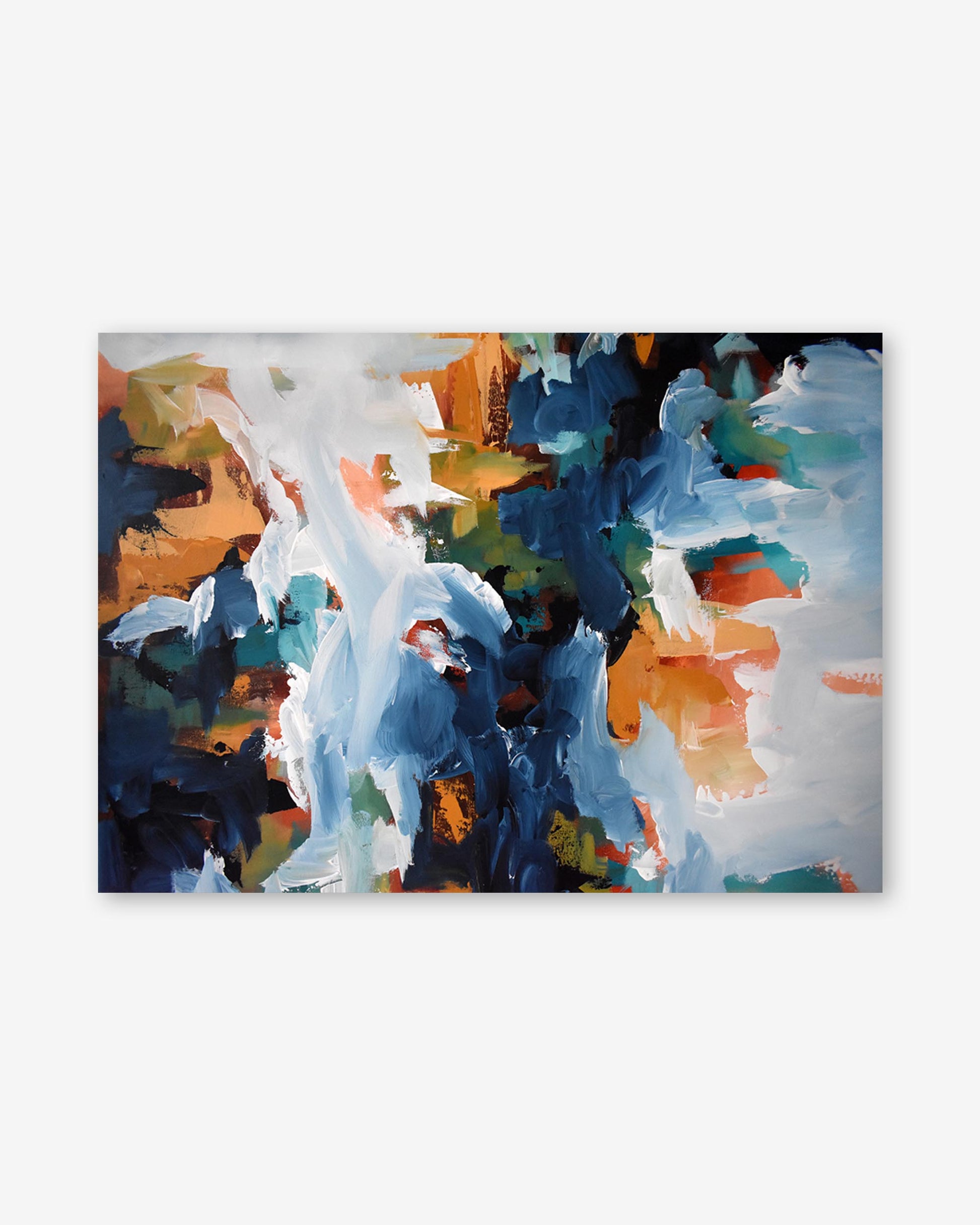 Abstract painting with a mix of blue, orange, and white on a white background