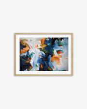 Framed abstract artwork with colorful brush strokes on a white background