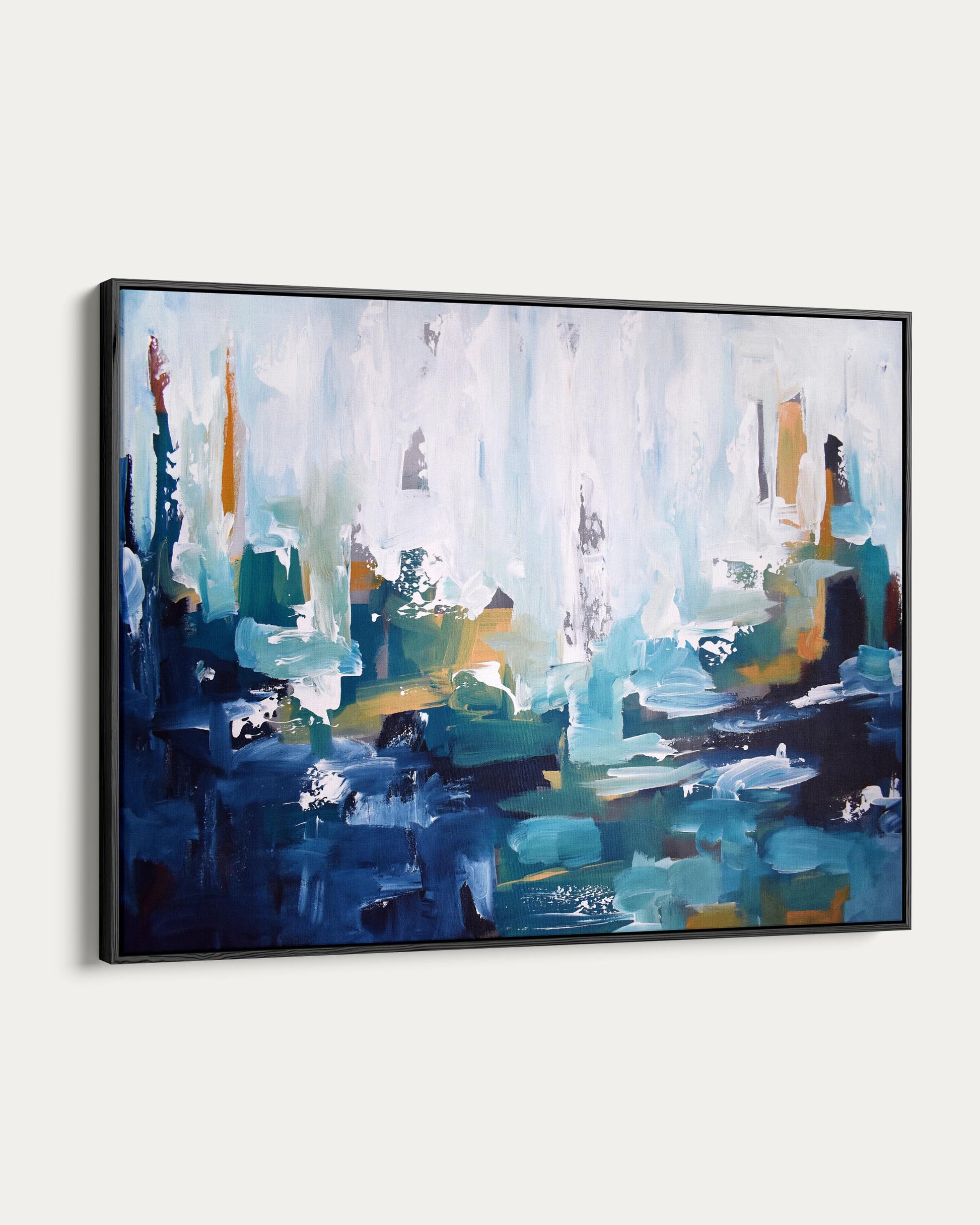 Abstract painting with blue, green, and brown tones on a white wall