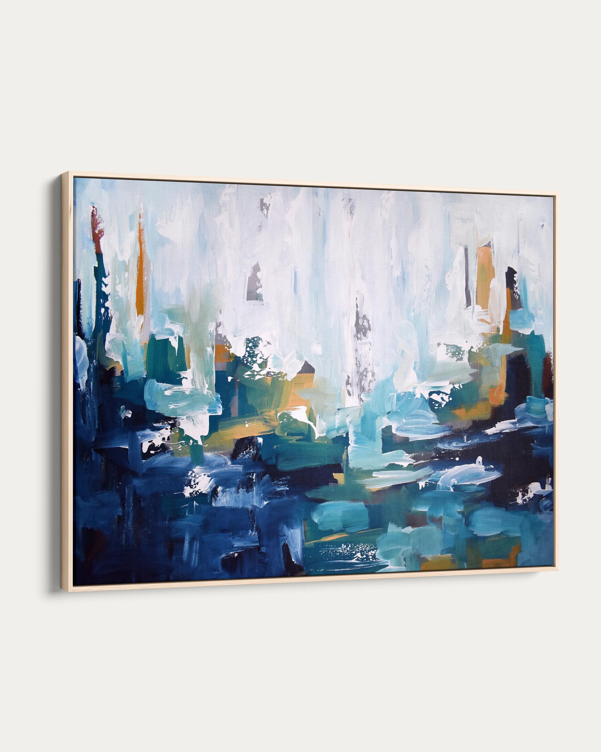 Abstract painting with blue, green, and brown tones on a white background