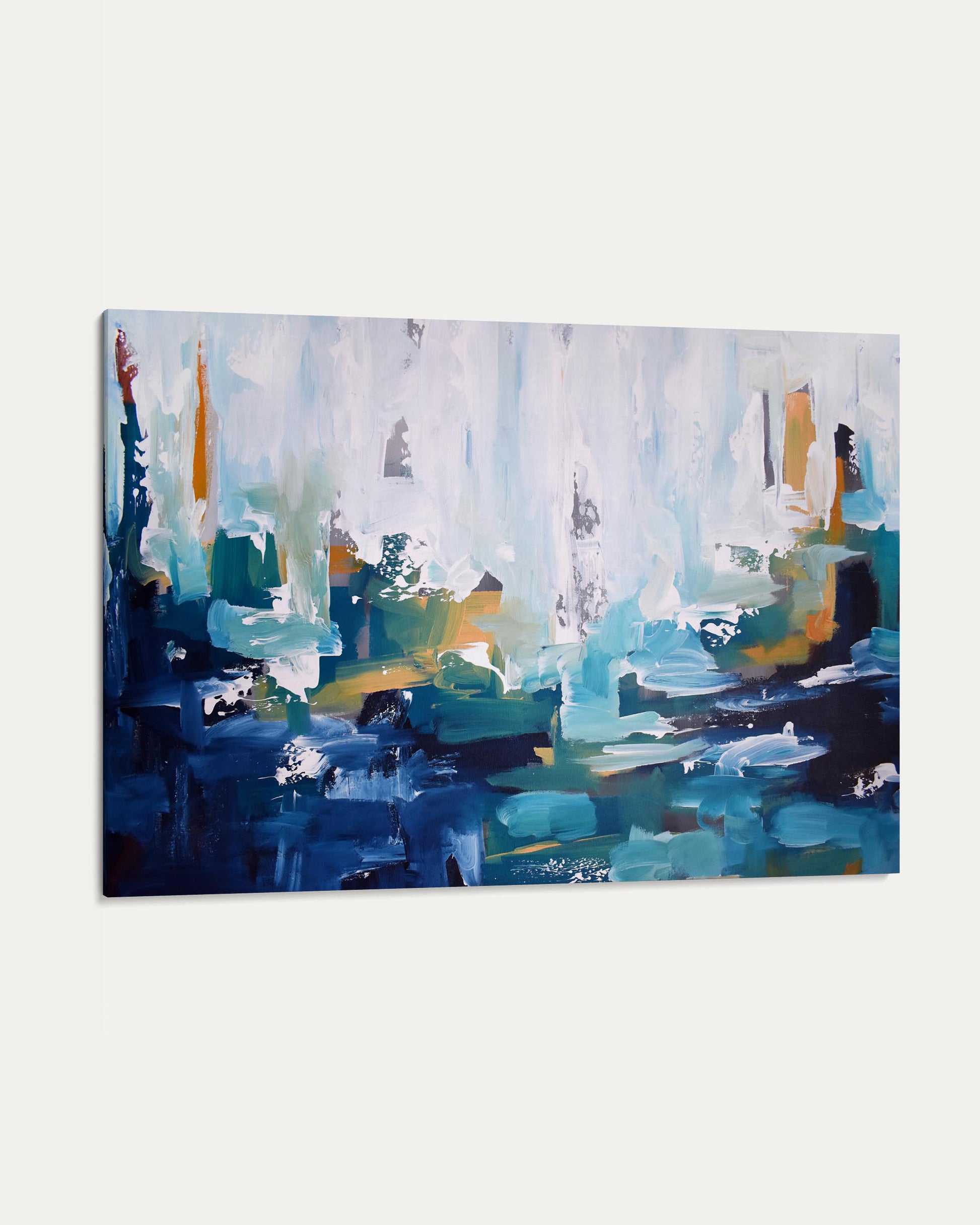 Abstract painting with blue, green, and yellow colors on a white background