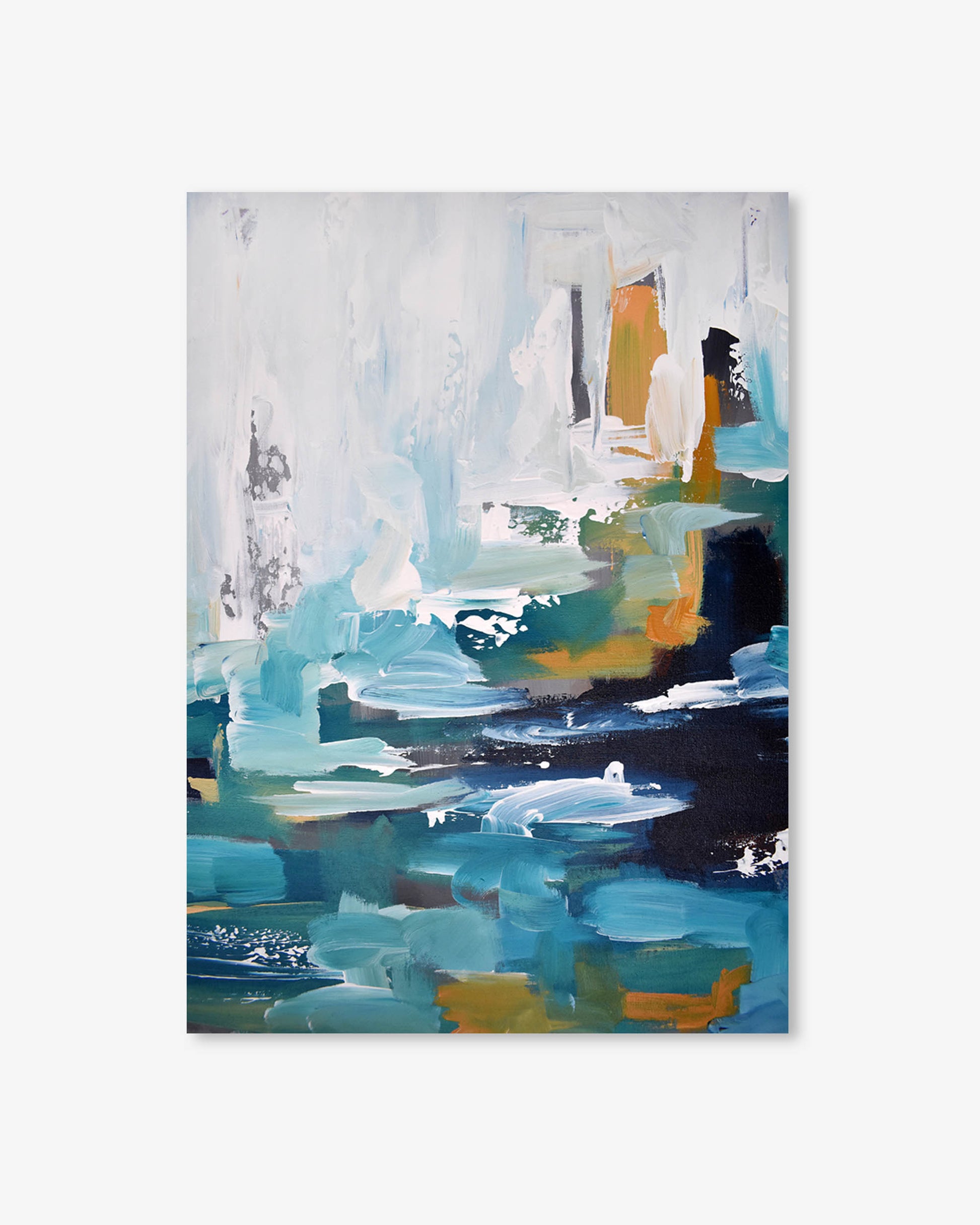 Abstract painting with a mix of blue, orange, and black on a white background