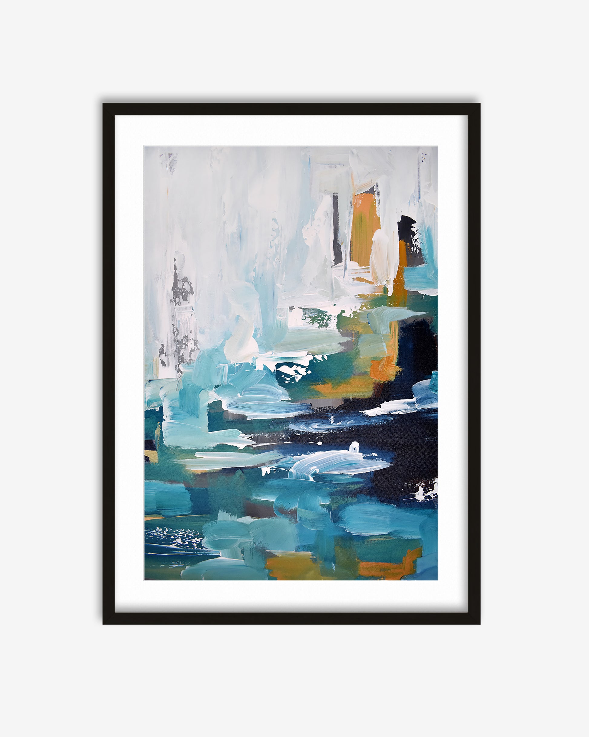 Framed abstract art print with colorful brush strokes on a white background