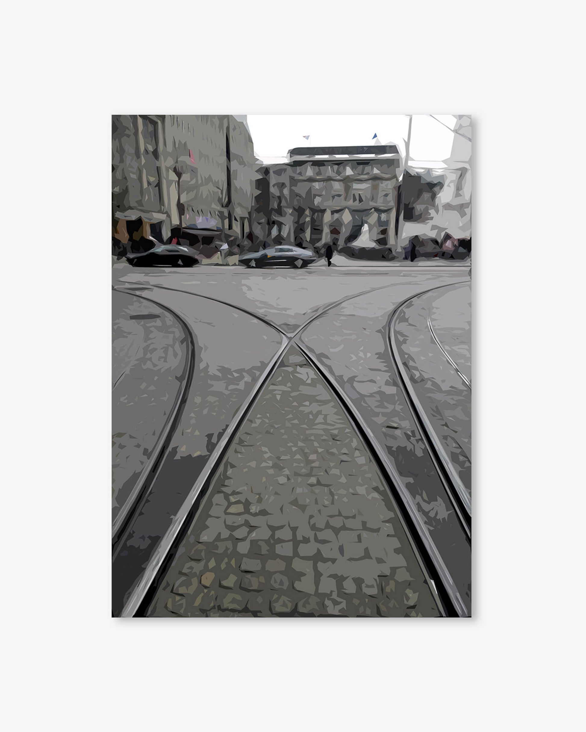 City street with tram tracks and buildings in the background