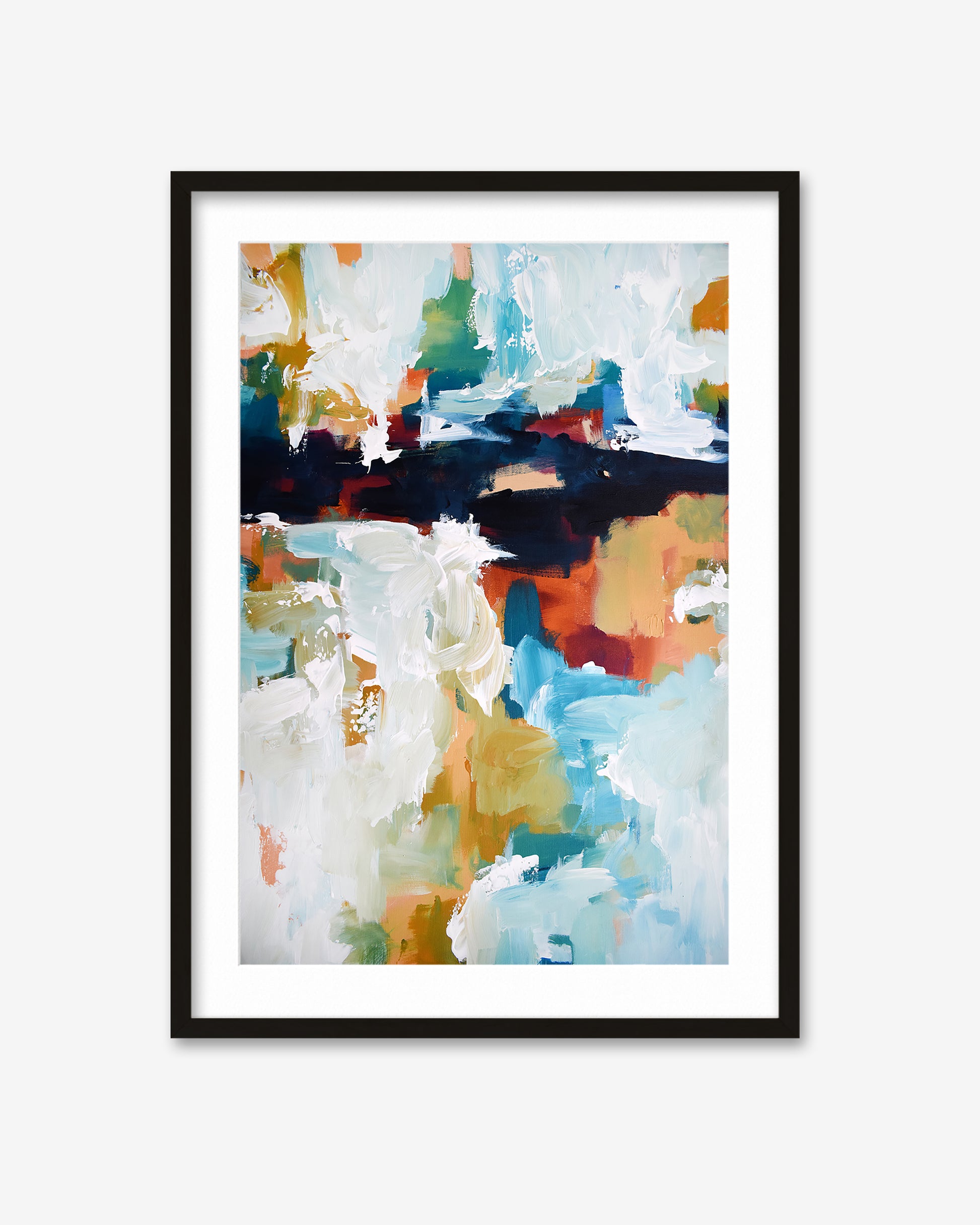 Framed abstract art print with multicolors on a white background