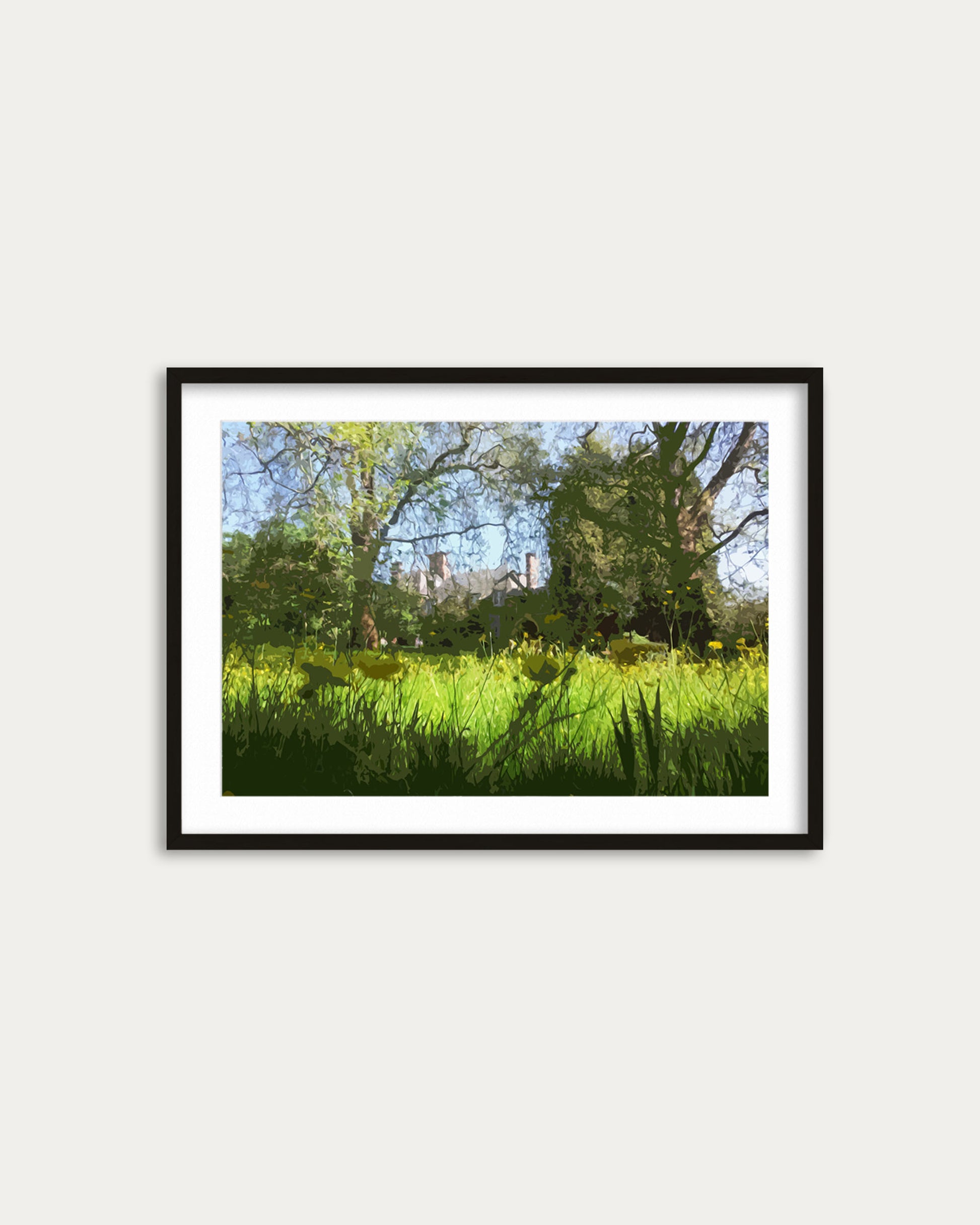 Framed artwork of a landscape with trees and grass on a white wall