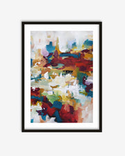 Framed abstract art print with colorful brush strokes on a white background