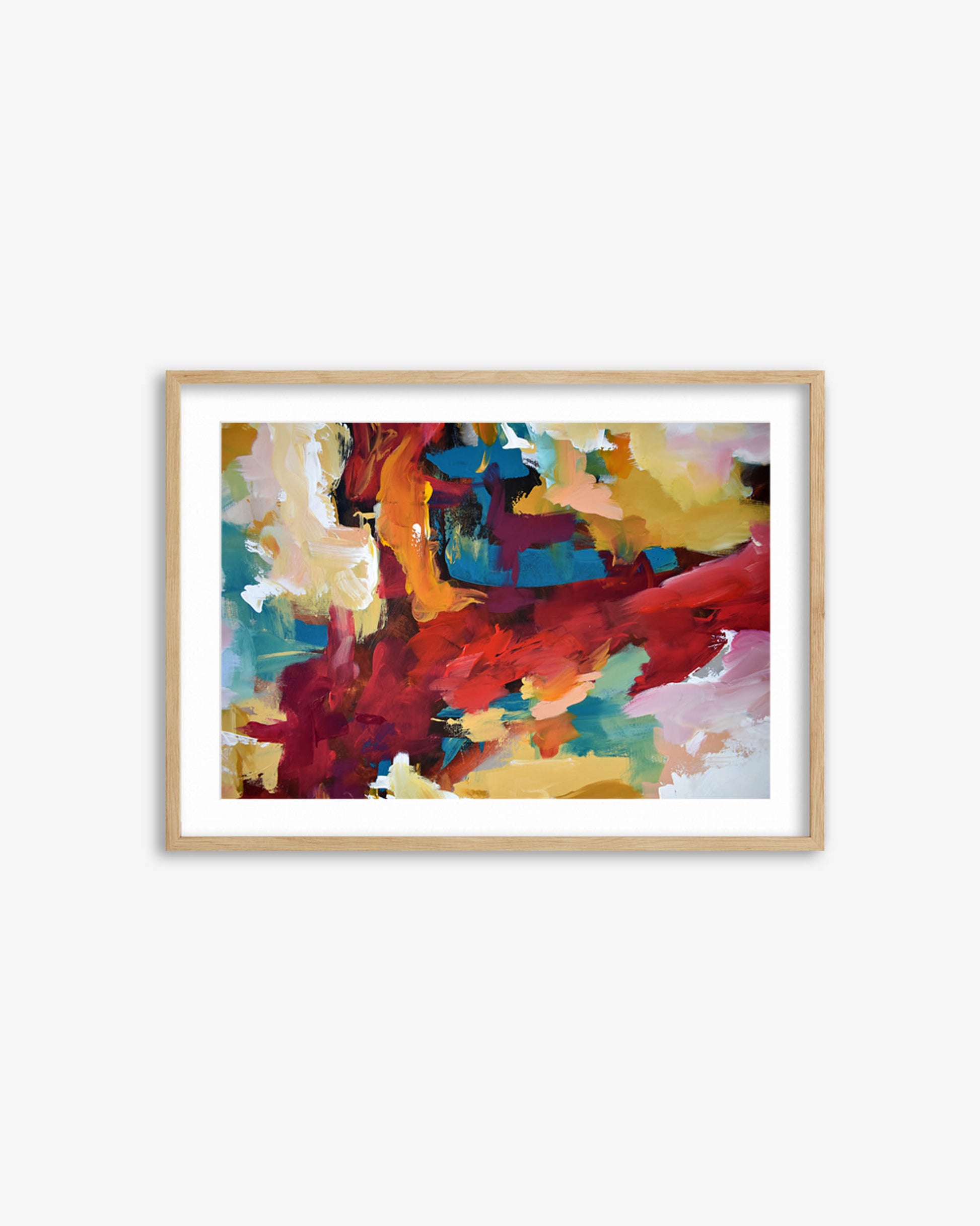 Framed abstract art print with vibrant colors on a white background