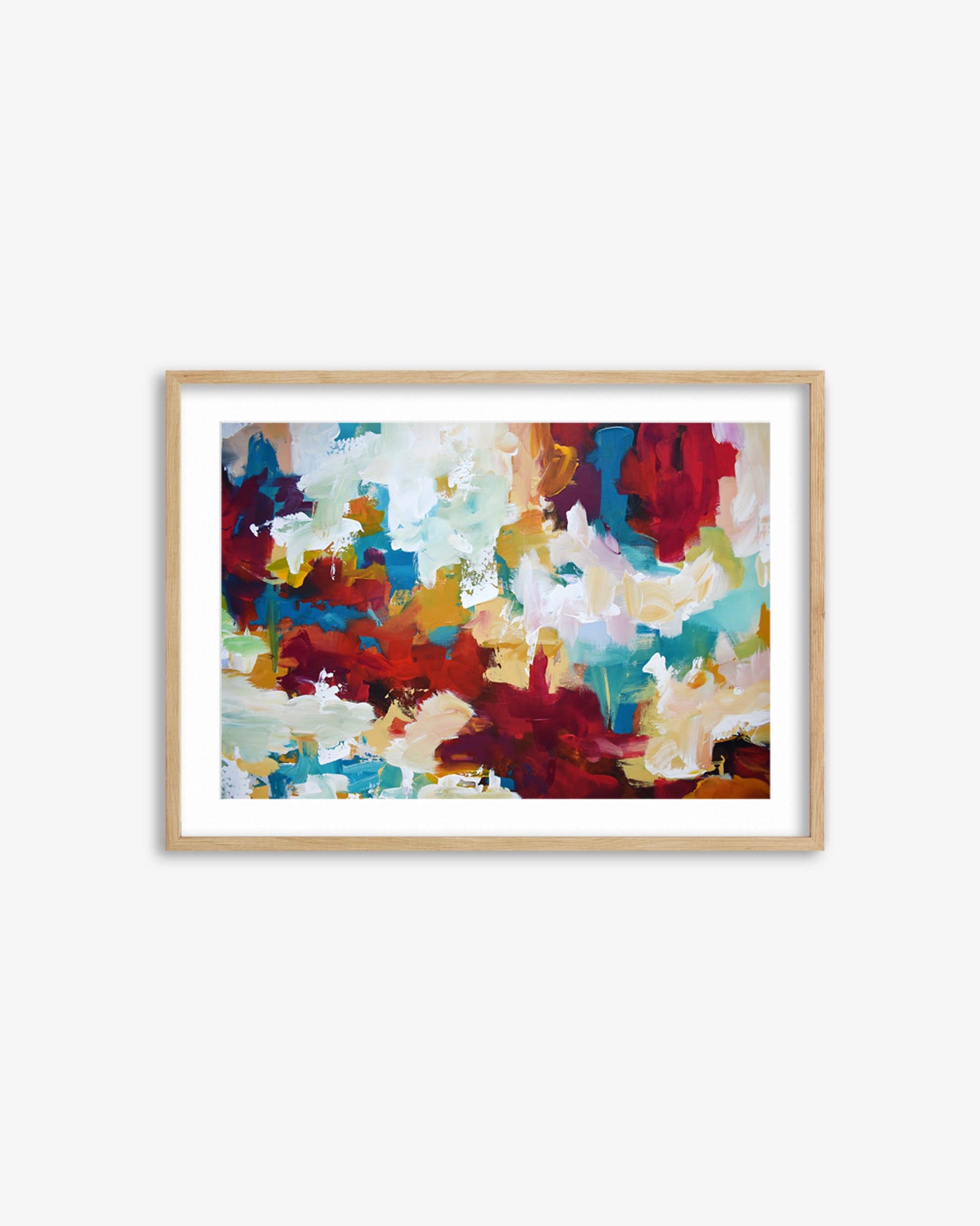 Framed abstract artwork with multicolors on a white background