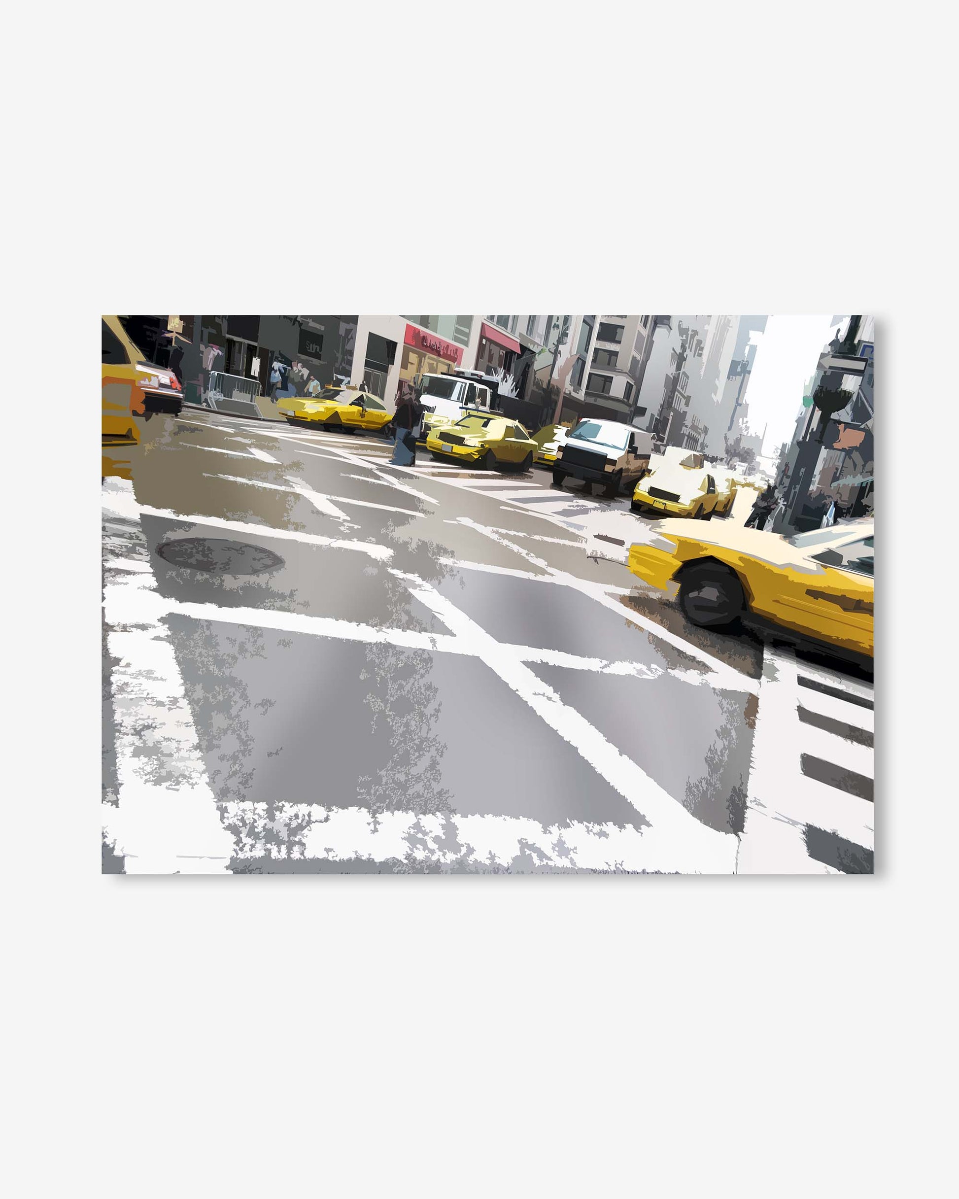 City street scene with yellow taxis and pedestrians on a white background