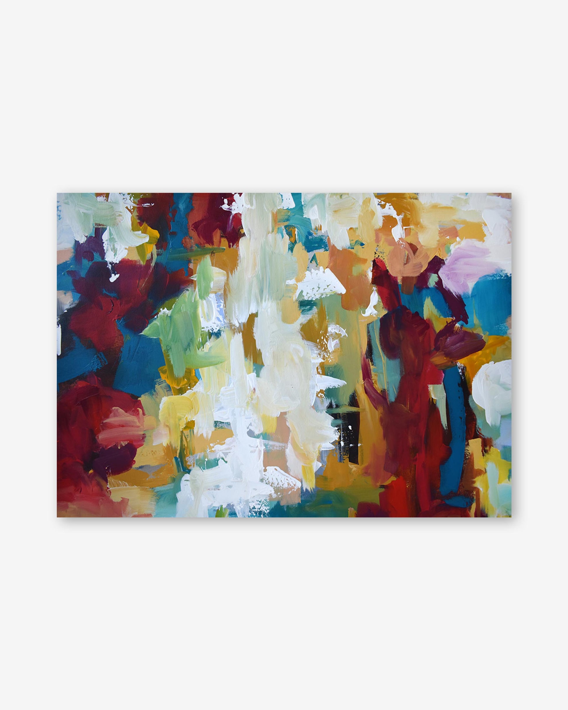 Abstract art print with multicolored shapes on a white background