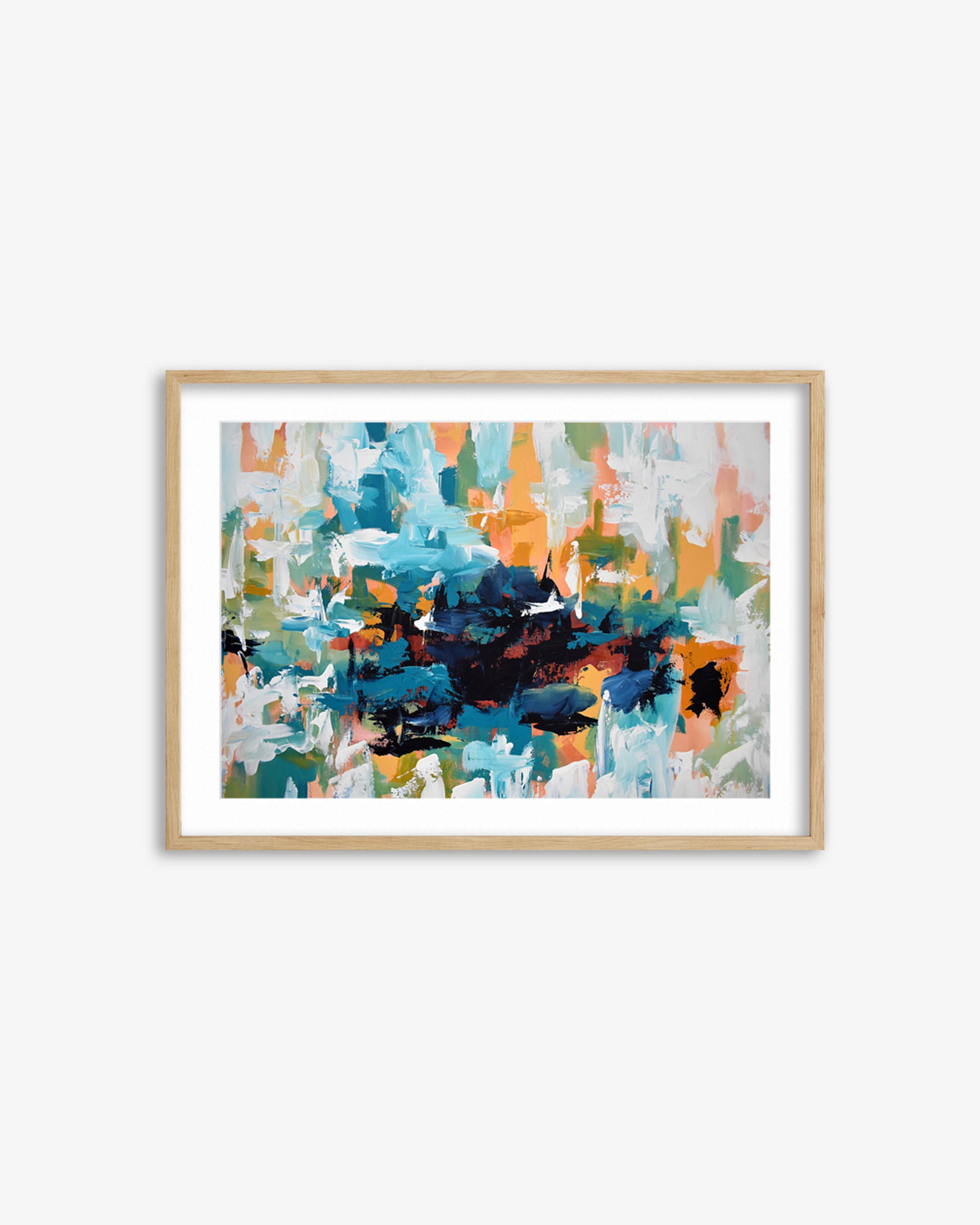 Framed abstract art print with colorful brush strokes on a white background