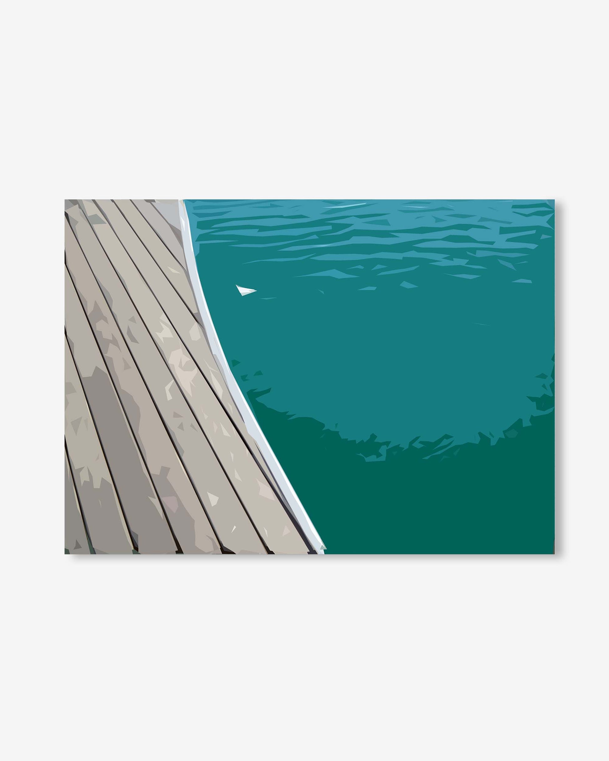 Wooden dock extending into a calm body of water with a white bird on a teal background