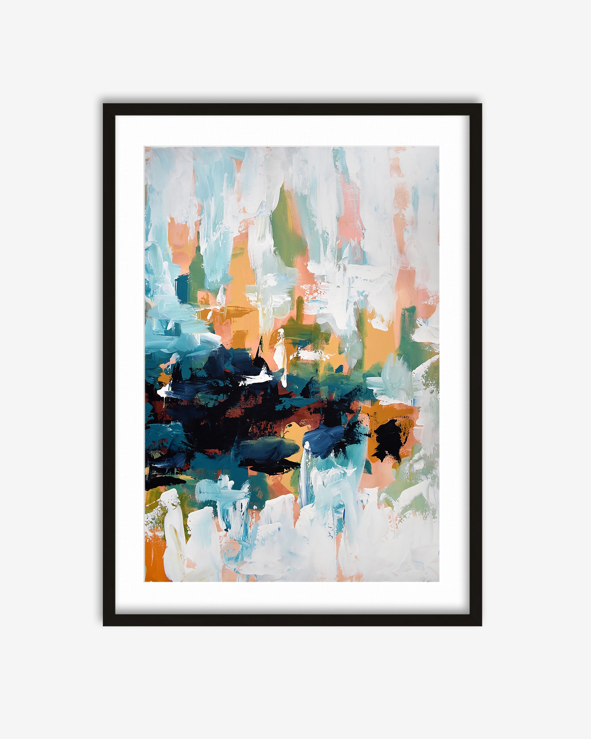 Framed abstract art print with colorful brush strokes on a white background
