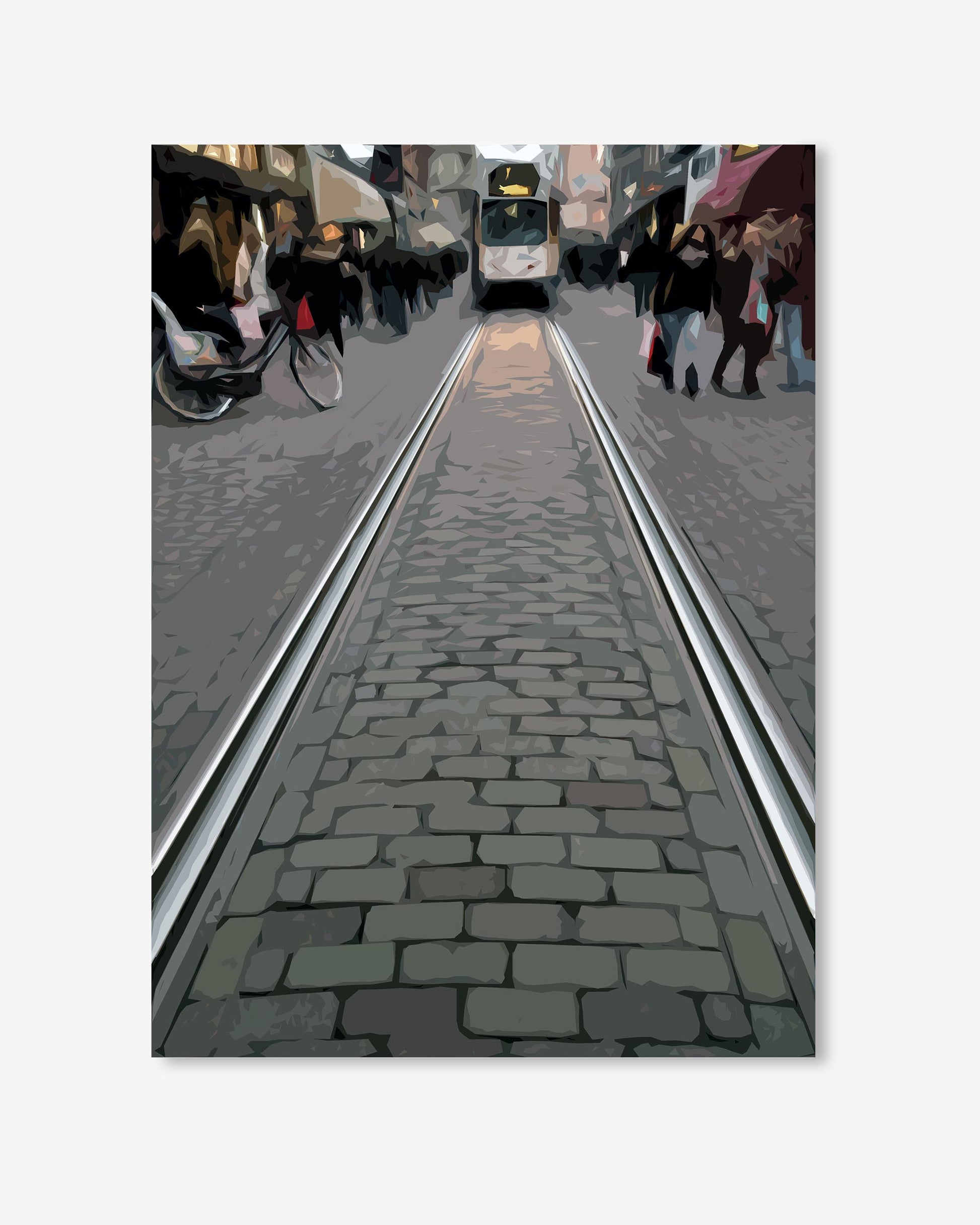 Cobbled street with tram tracks and people walking, including a horse-drawn carriage.