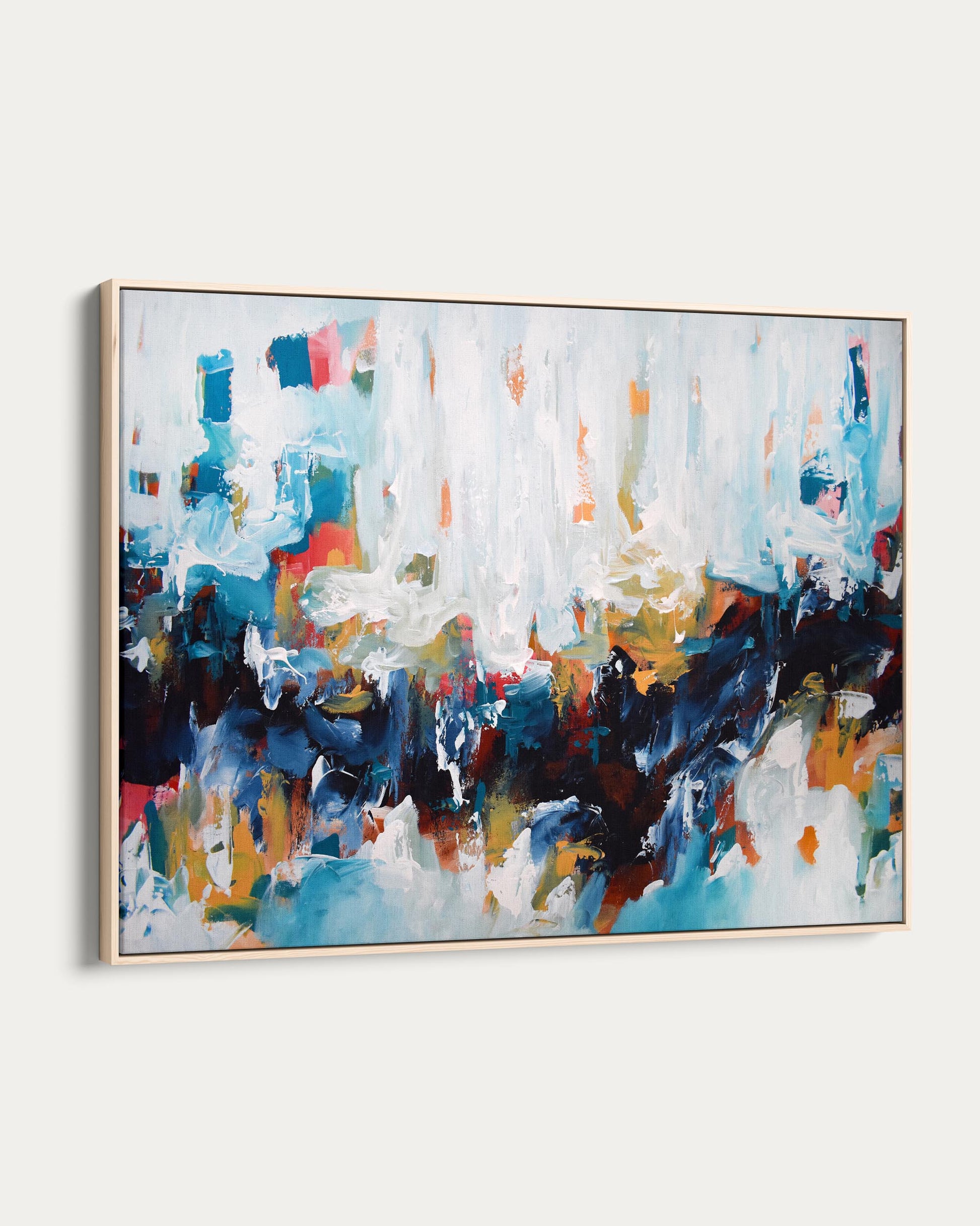 Abstract painting with colorful brush strokes on a white wall