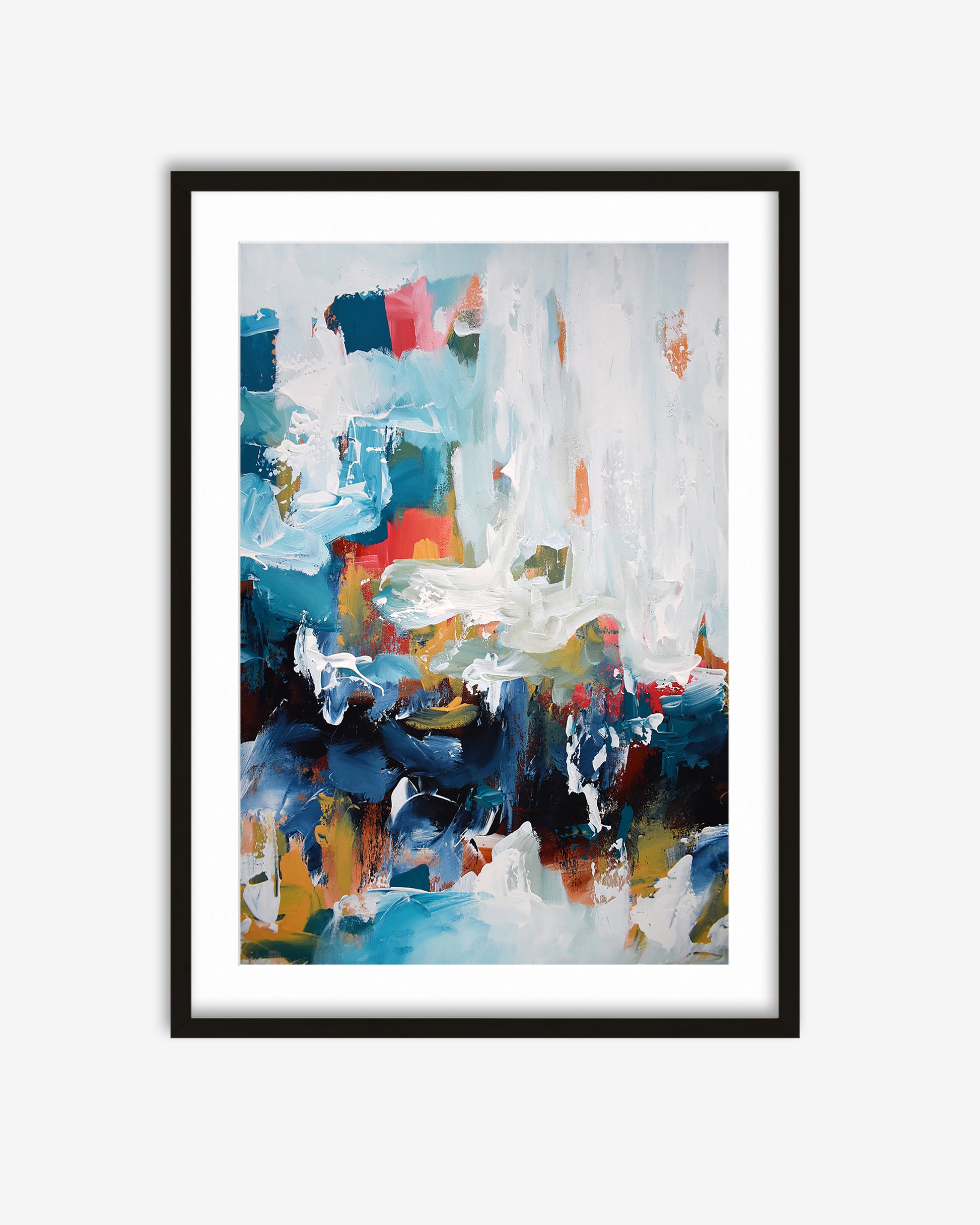 Framed abstract art print with colorful brush strokes on a white background