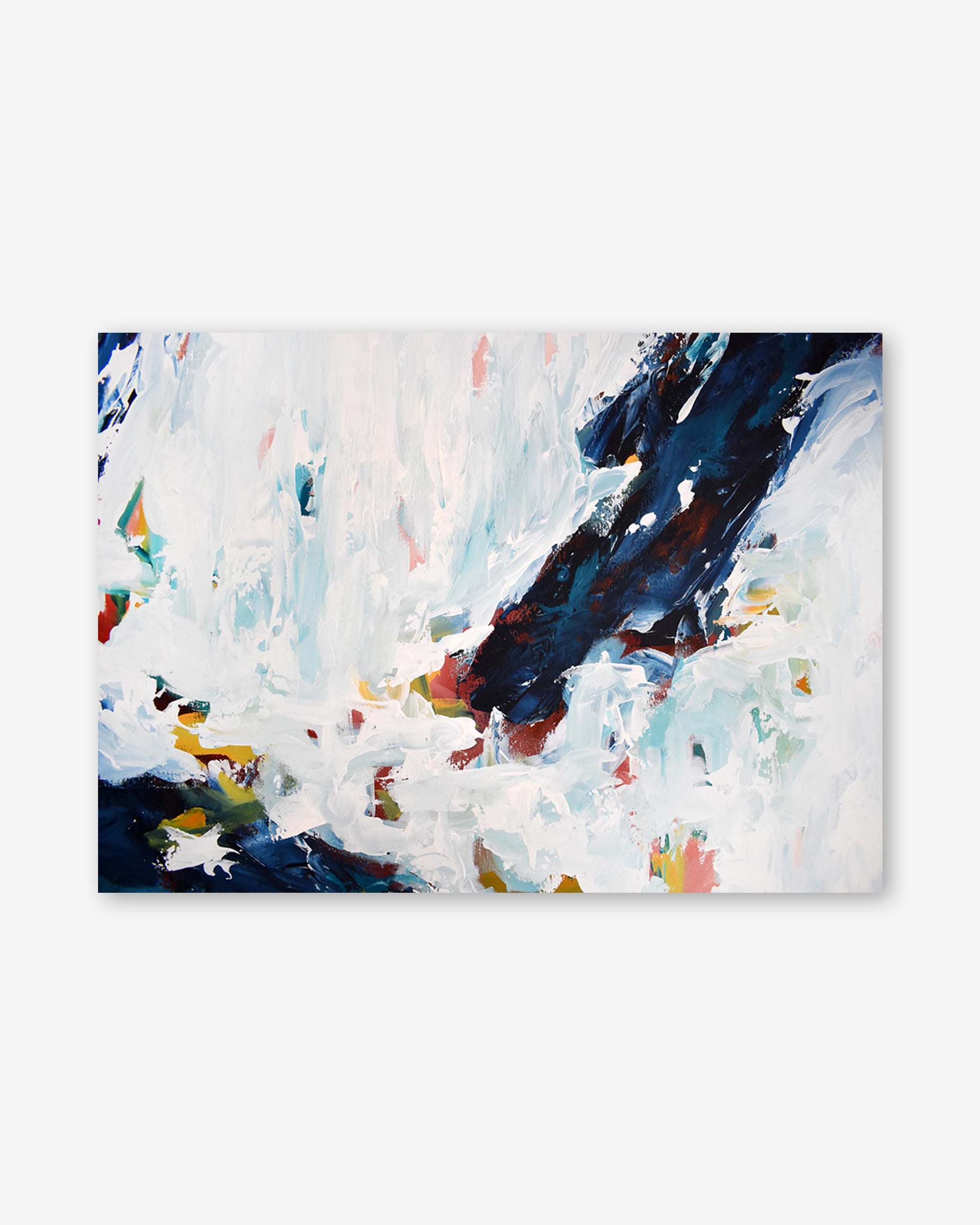 Abstract painting with splashes of blue, red, and white on a white background