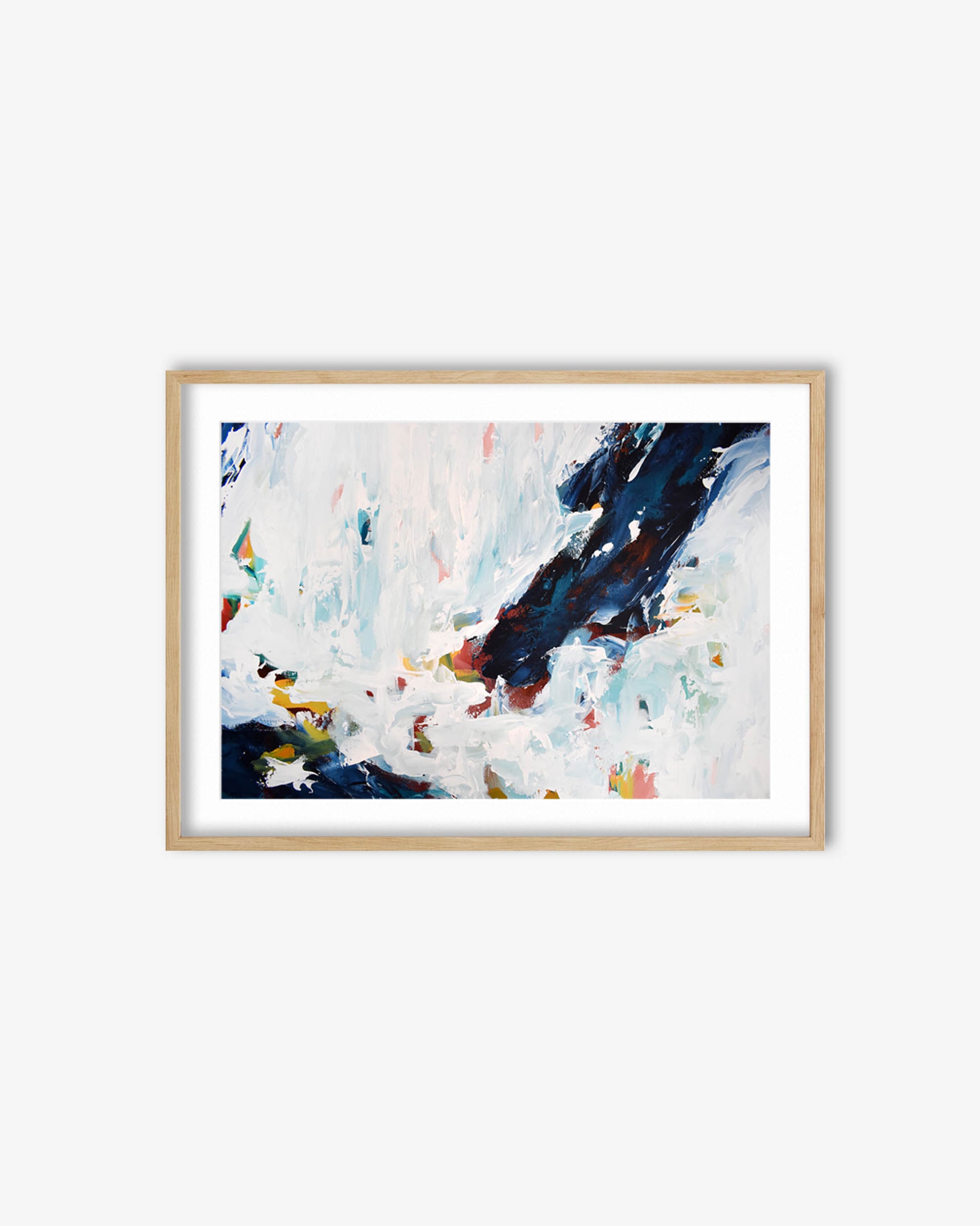 Framed abstract art print with colorful splashes on a white background