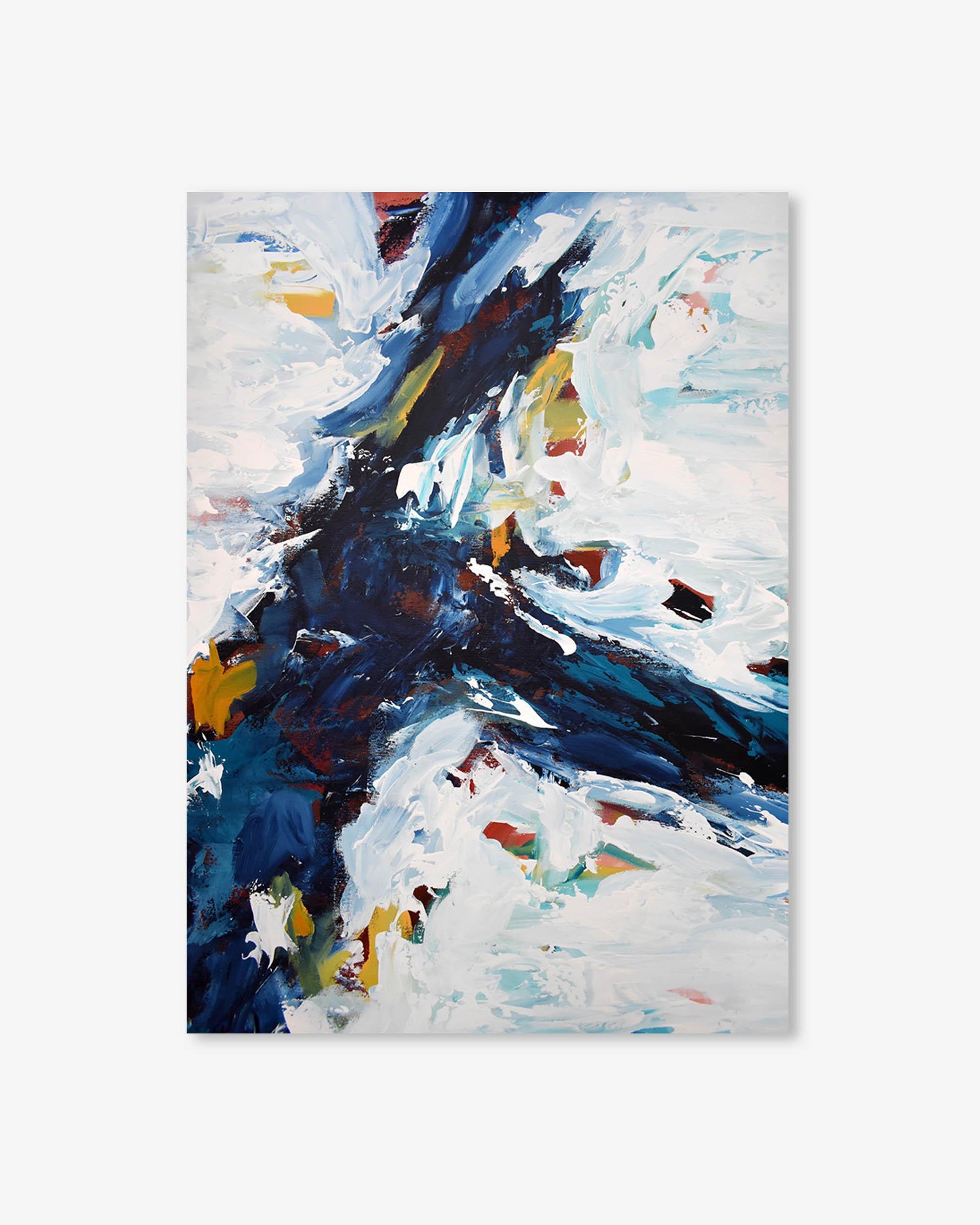 Abstract painting with blue, white, and yellow colors on a white background