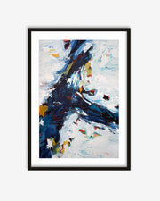 Framed abstract painting with bold colors on a white background